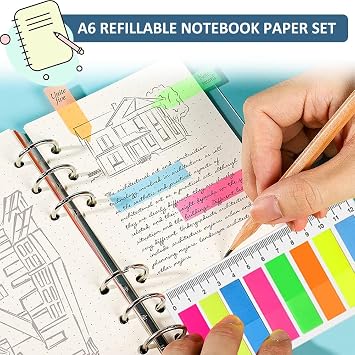 Lined Refill Paper Kit for Filofax Personal Size Planner/Binder, A6 Notebook Binder Set, Lined Paper, Planner Inserts, 180 Sheets, 5 Dividers + 5 PVC Pockets + 2 Pack Colored Index Tabs