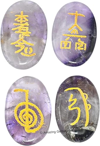 Miniatura 2 de Amazing Gemstone Piedras de Reiki de cristal de amatista con símbolos grabados para curación Usui Reiki, juego de 4 piezas (juego de regalo de Reiki