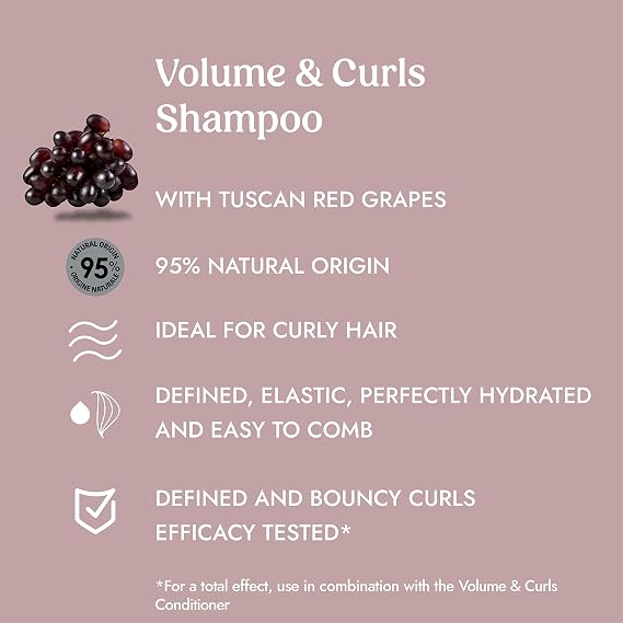 Volume & Curls Shampoo with Tuscan Red Grapes (12.51 fl oz) - for Defined and Bouncy Curls - Vegan Friendly - 95% Natural Origin Ingredients