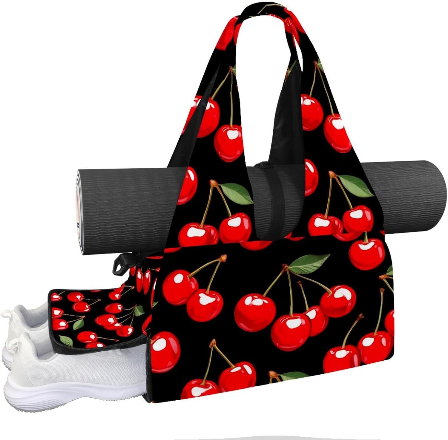 Yoga Mat Bag, Gym Workout Bag with Shoe Compartment, Red Cherry Pilates Bag for Women, Quick Access Storage Yoga Tote Bag for Sports Travel Office