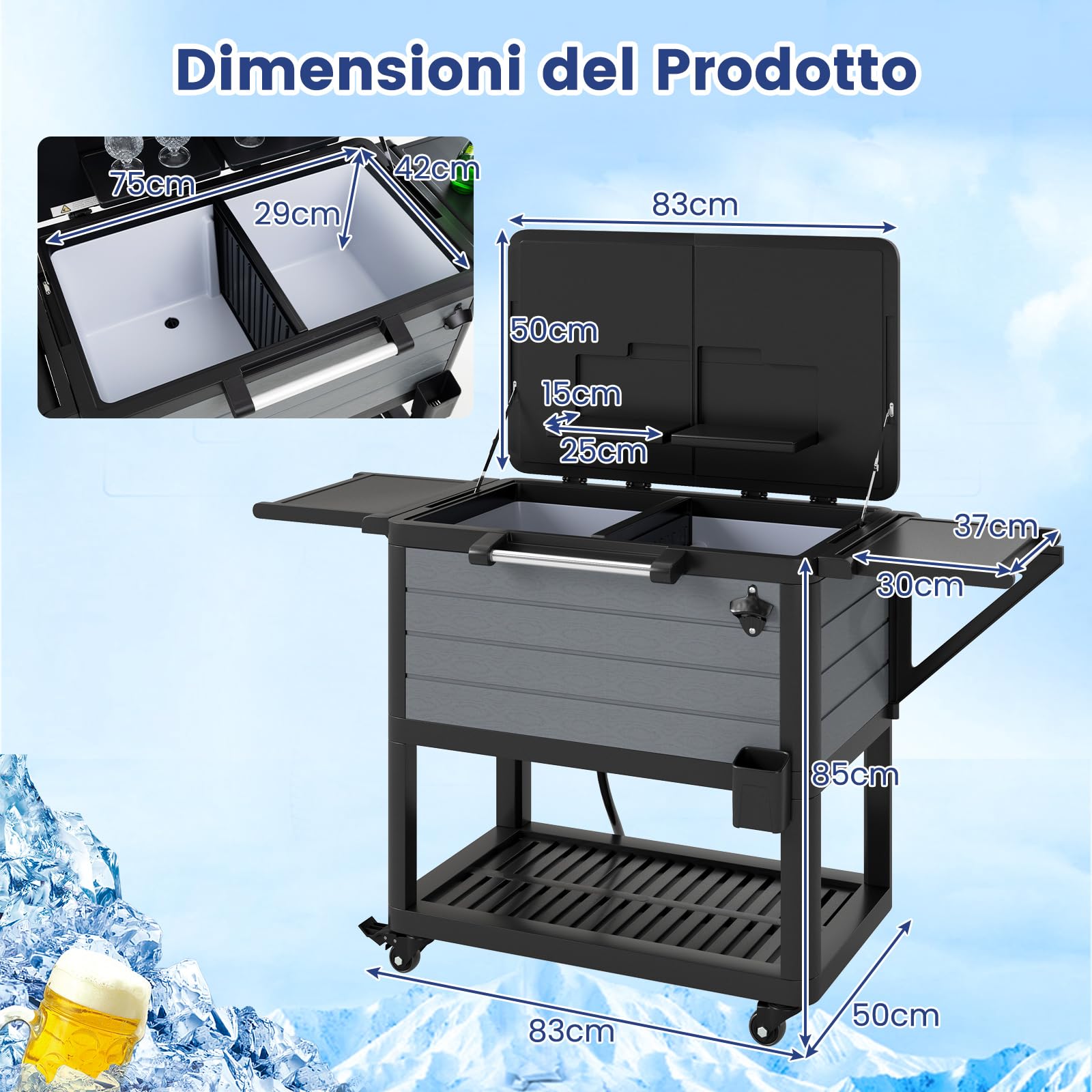 COSTWAY Carrello Porta Ghiaccio su Ruote 83 x 50 x 85 cm, Carrello Refrigerante con Ripiani di Stoccaggio e Apribottiglie, Portata 91 L, Frigorifero Portavivande da Esterno per Feste e Barbecue