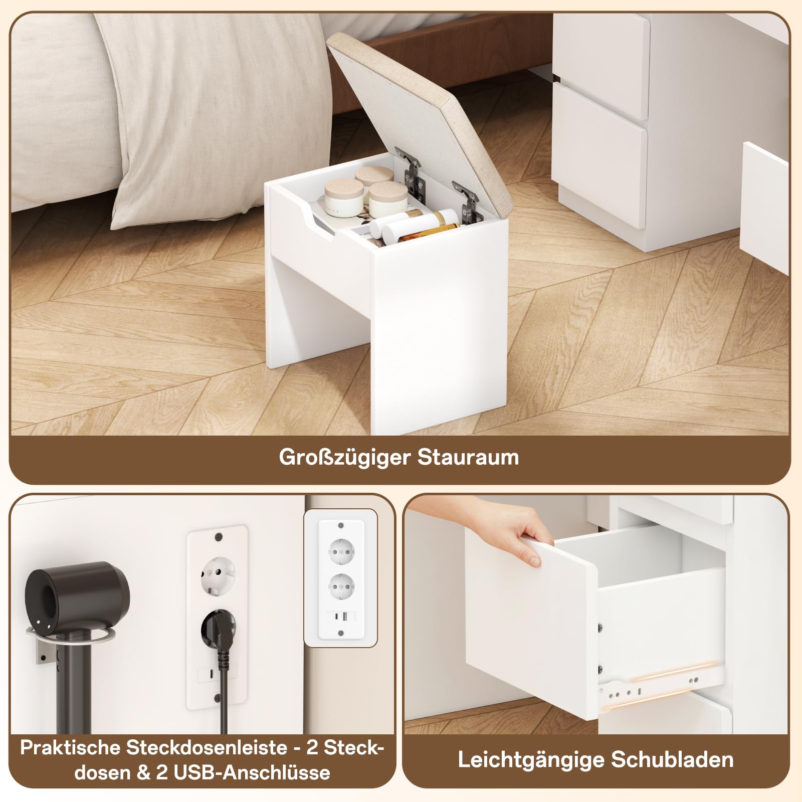 TRIUMPHKEY Schminktisch Groß mit Spiegel und LED Beleuchtung 115cm,Farbtemperatur Einstellbar, 7 Schubladen Schminktisch mit Steckdose Dressing Table mit Hocker,115x40x139cm,Weiß