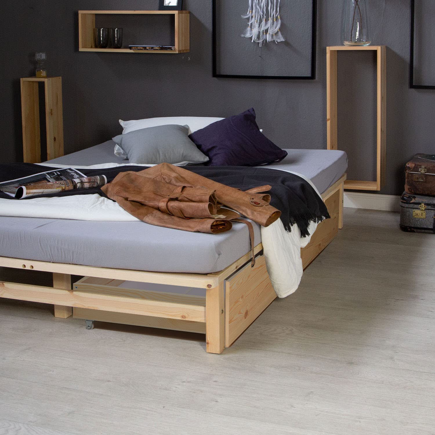Homestyle4u 2 tiroirs de Rangement en Bois à roulettes pour lit gigogne