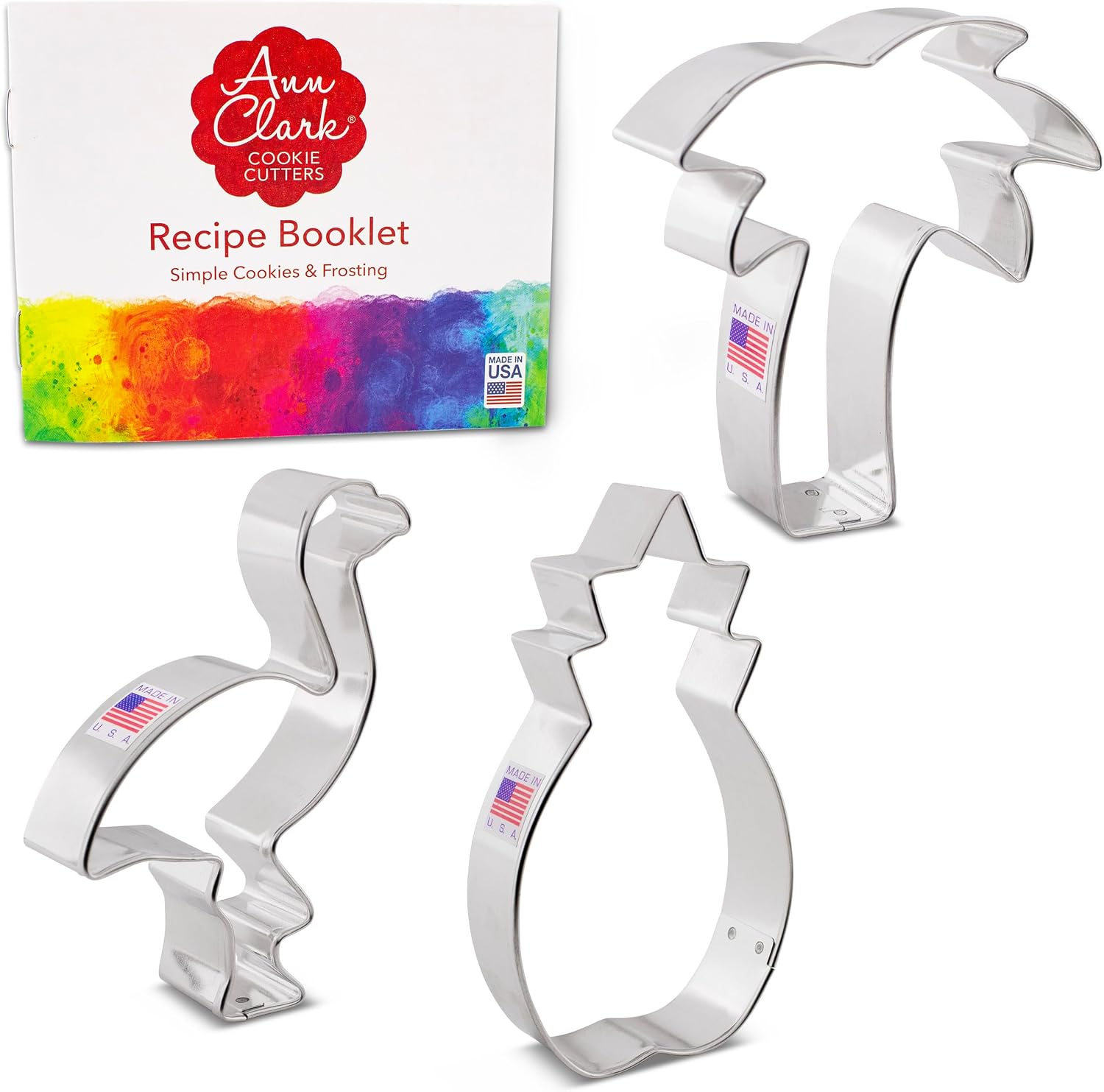 Ann Clark Tropical Hawaiian Cookie Cutter Set of 3, Made in USA | Includes: Flamingo, Pineapple & Palm Tree, Perfect Size, From America's Largest Cookie Cutter Maker, Food-Safe American Steel