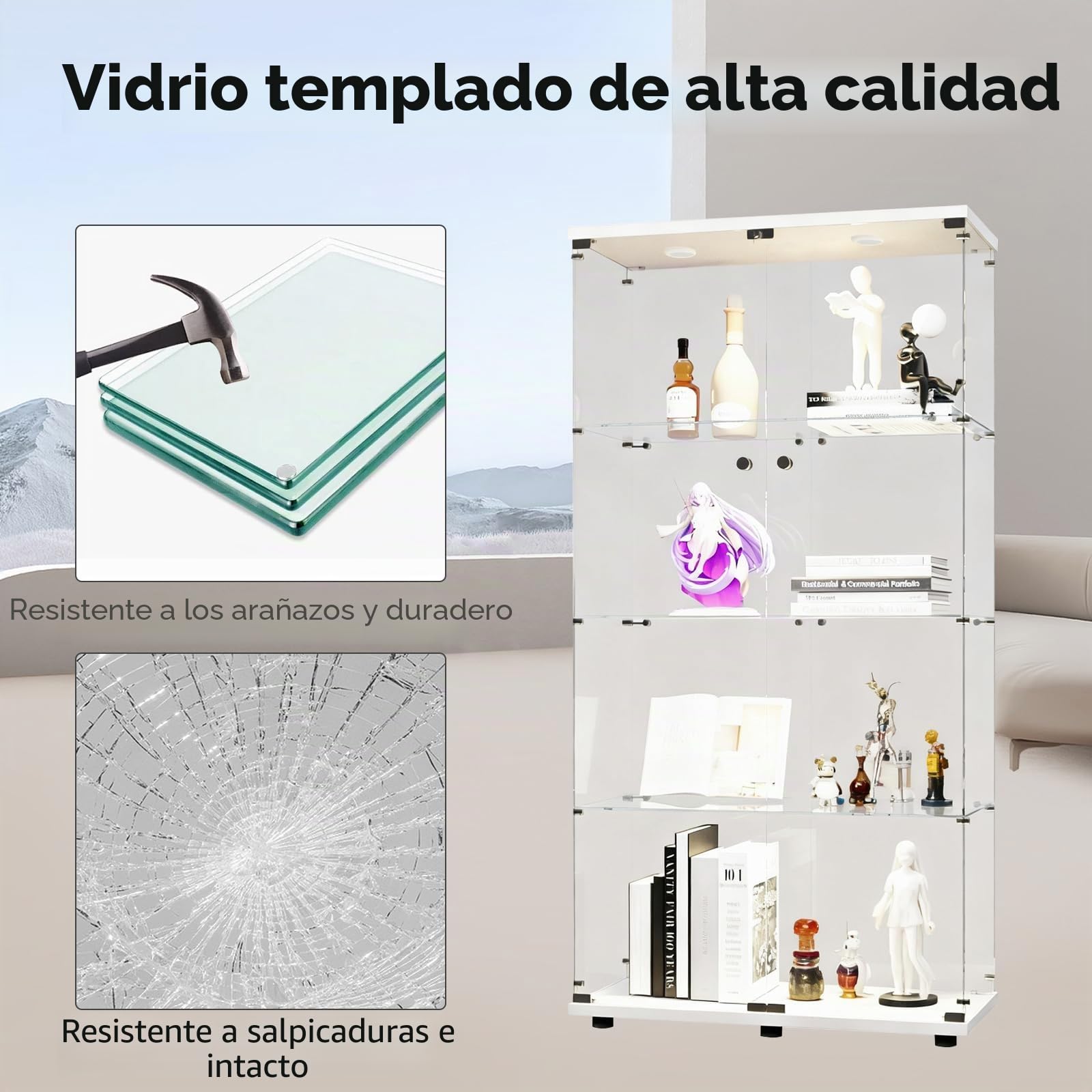 Vitrina de cristal con iluminación LED, vitrina de 4 pisos con puertas dobles, vitrina de colección, cerradura para salón, oficina, comedor y dormitorio, vitrina de cristal (blanco)