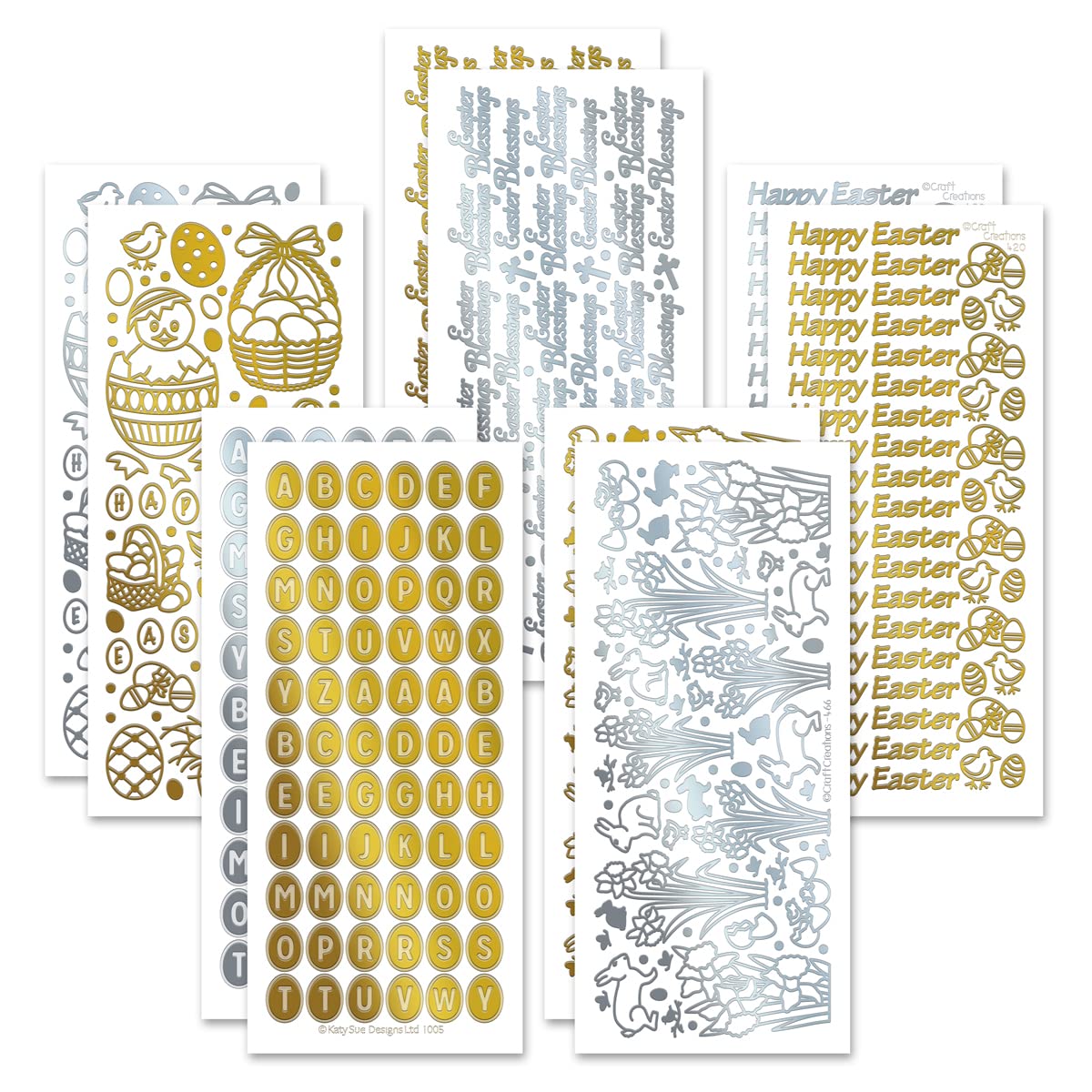 Katy Sue Easter Selection of Gold & Silver Self-Adhesive Peel-Off Stickers for Easter Card Making. A Pack of 30 Sheets. Perfect for Embellishing Easter Cards, Papercraft & Scrapbooks.