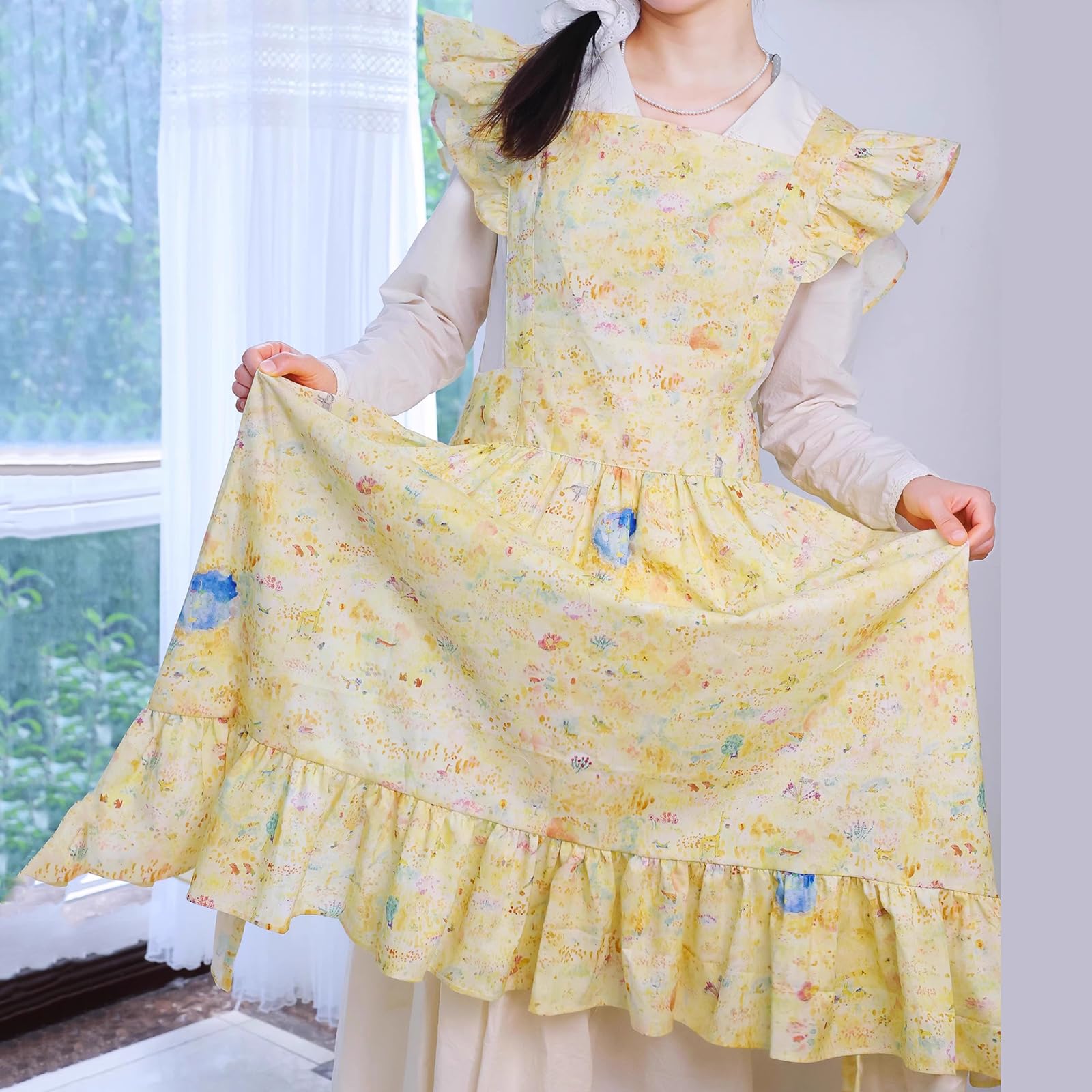 Damski Fartuch Kuchenny, Bawełniany Lniany Fartuch Dla Kobiet, Frilly Vintage Fartuszek RegulowanyYellow,One Size