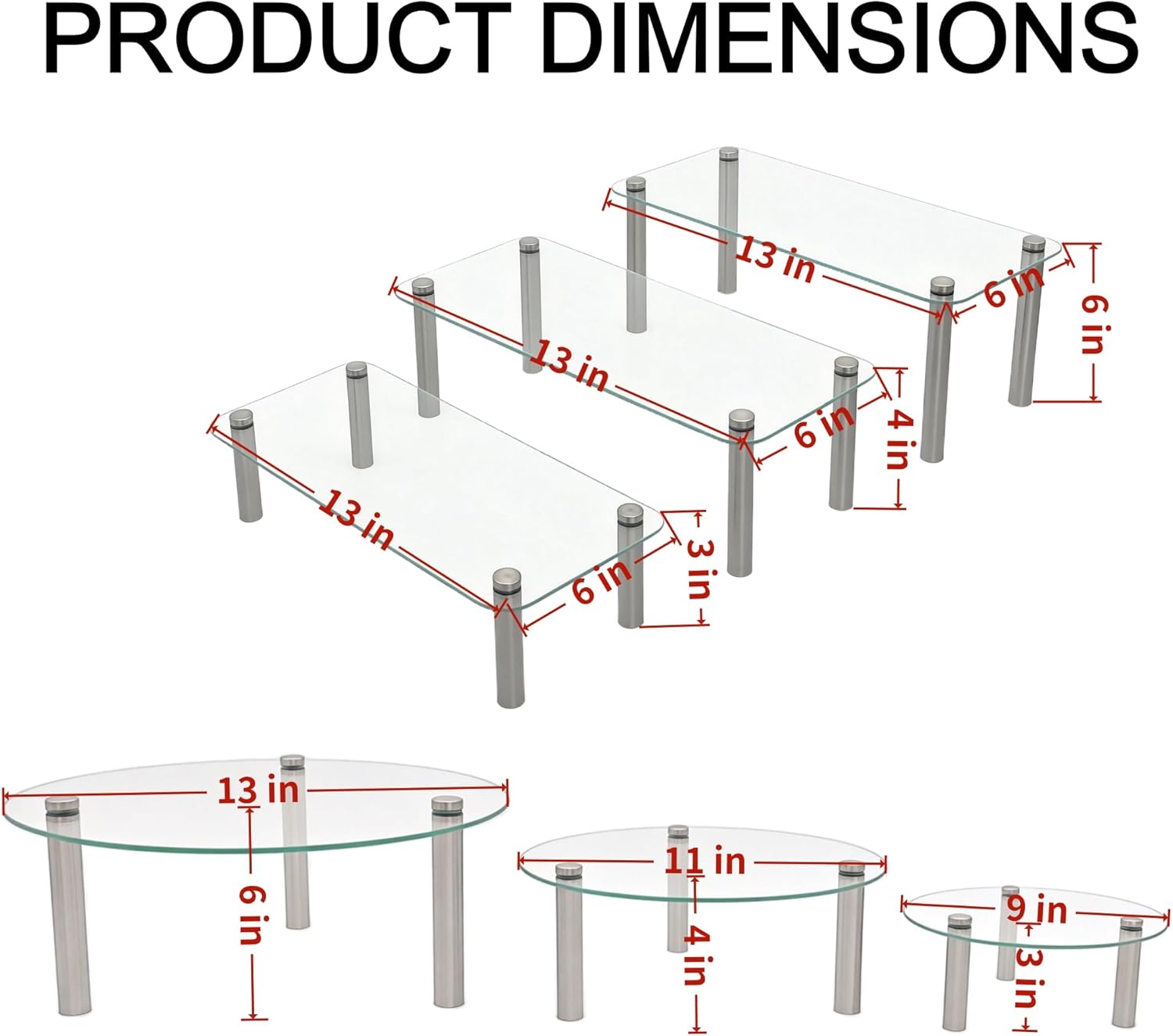 6 Pack Tempered Glass Cake Stands Set 9 11 13 Inch Round & Rectangular Cupcake Stand Dessert Display Riser Serving Platter Plate for Decoration Table Party Wedding Baby Shower