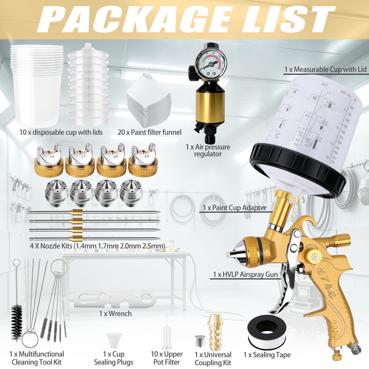 HVLP Lackierpistole Druckluft Kit mit Farbspritzpistole Zubehör | Farbspritzpistole mit 1,4/1,7/2,0/2,5mm Düsen, Luftdruckregler, 600ML Sprühpistolenbecher, für Möbel, Wände & Zäune