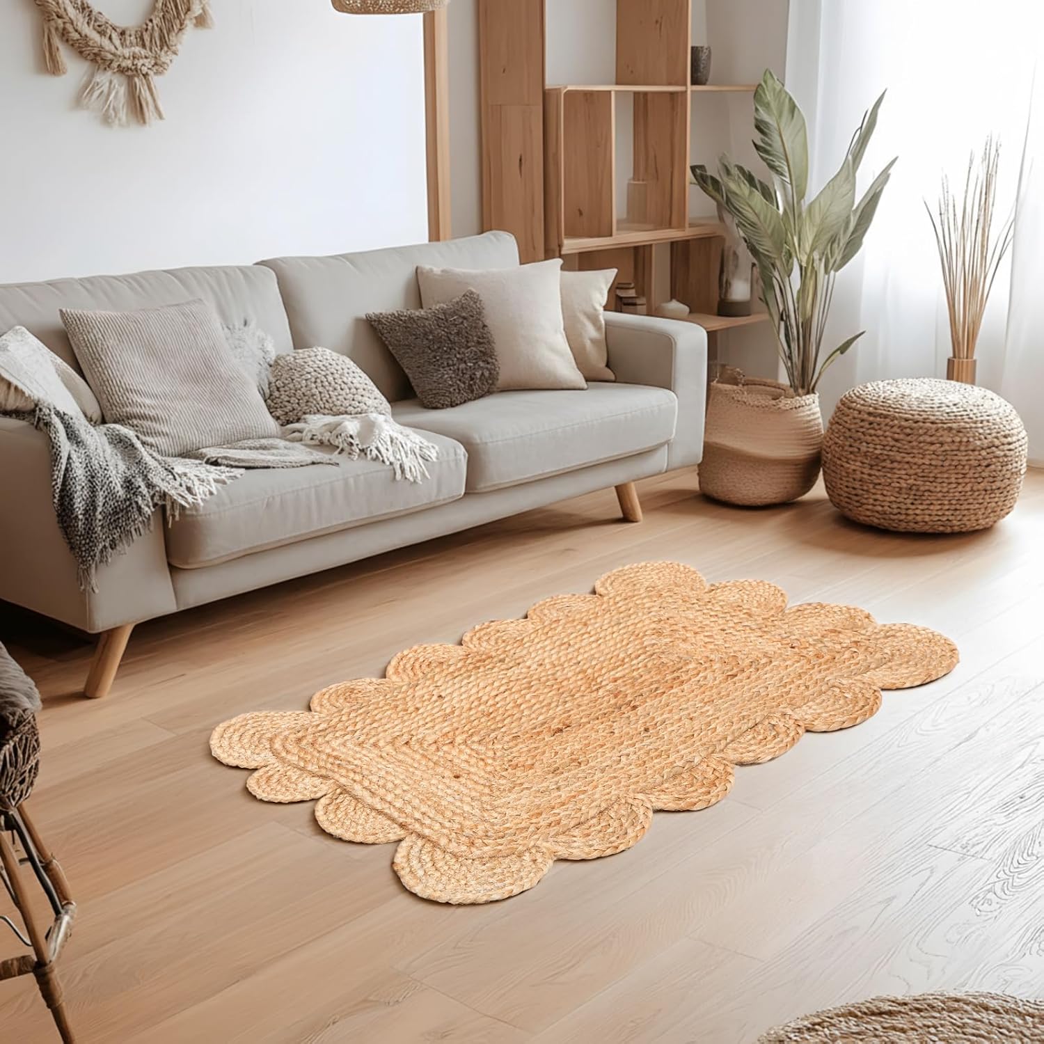 Nuanchu 2 Pack Scalloped Natural Jute Area Rug 2 x 3 ft and 1.6 x 3.9 ft Handwoven Jute Doormat Fiber Rug Vintage Indoor Carpet for Bedroom Living Room Entryway Kitchen Hallways