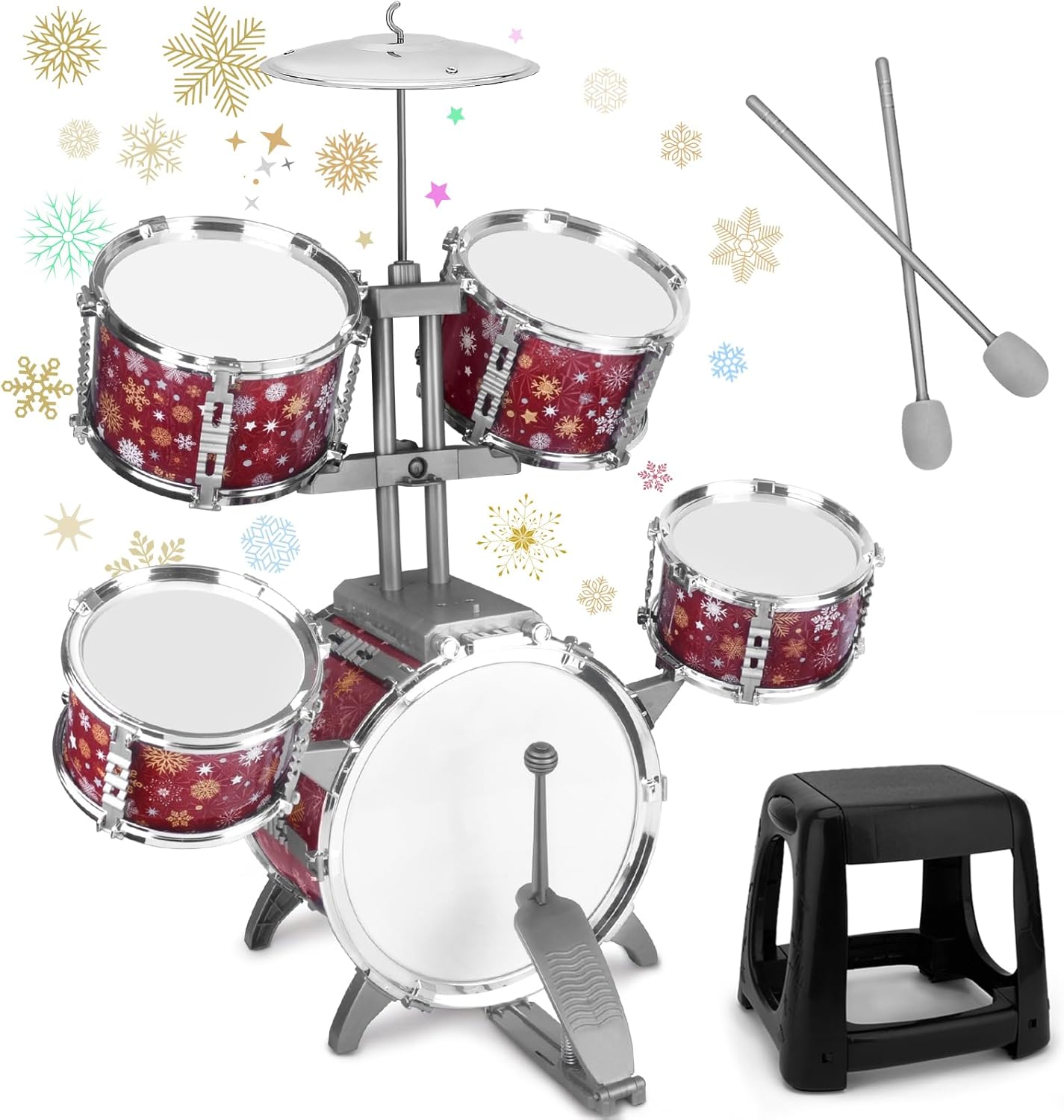 Kids Drum Set for Toddlers 1-3 Musical Jazz Drum with Stool Toys for 2-5 4-6 5-7 Boys Girls Birthday, Red