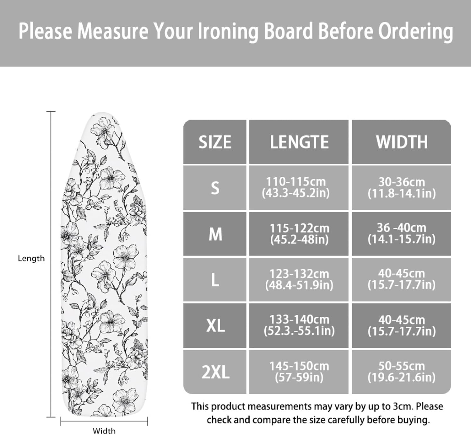 Ironing Board Cover 14x48 Flowers Leaves Gray Iron Board Cover with Padding Heat Reflective,Scorch Resistant Thick Padding,Snug Fit Non-Slip Nose Pocket Fastener Straps Elastic Edges