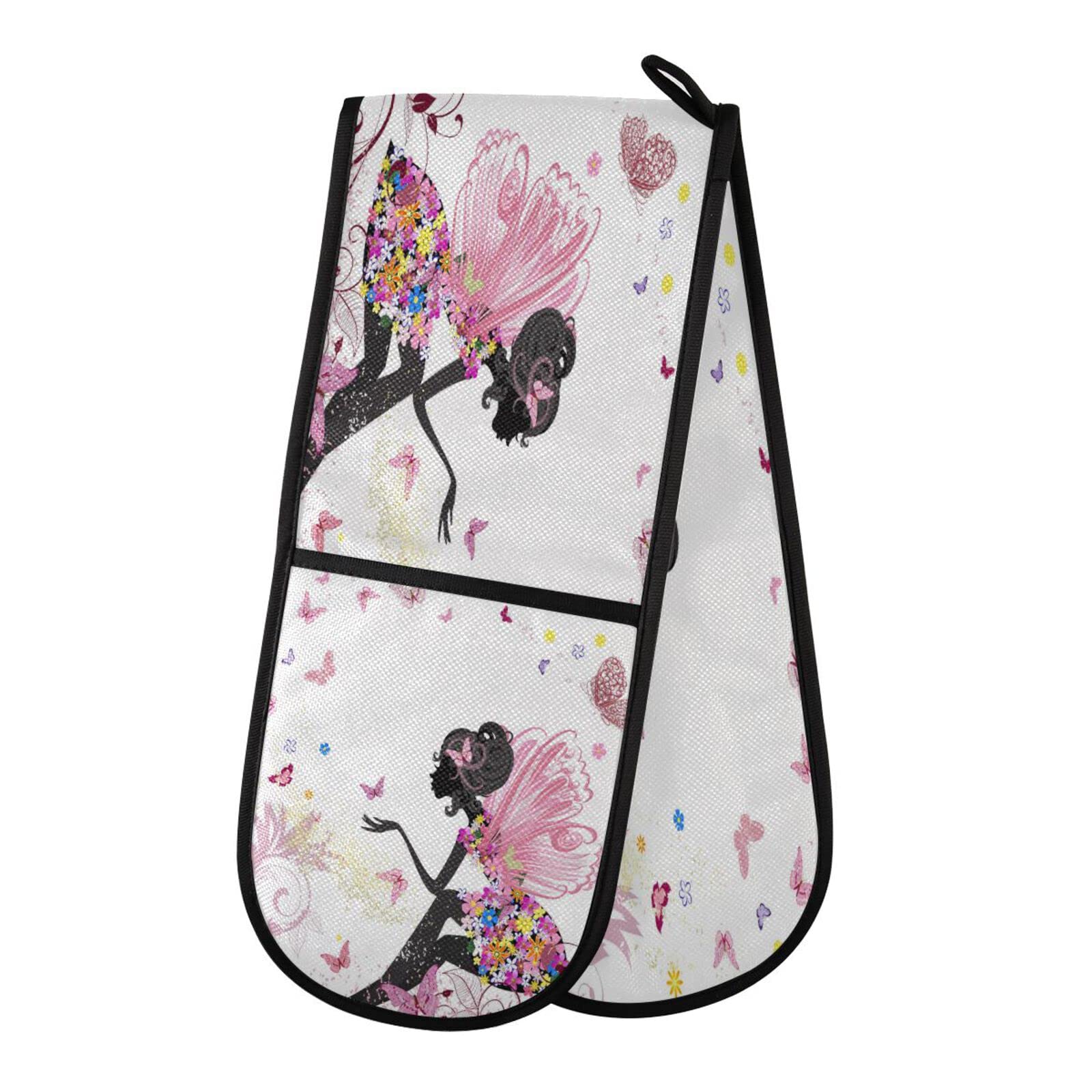 Double Oven Glove Flower Fairy Butterfly Heat Resistant Double Ovens Mitt Modern Cooking Gloves Potholders