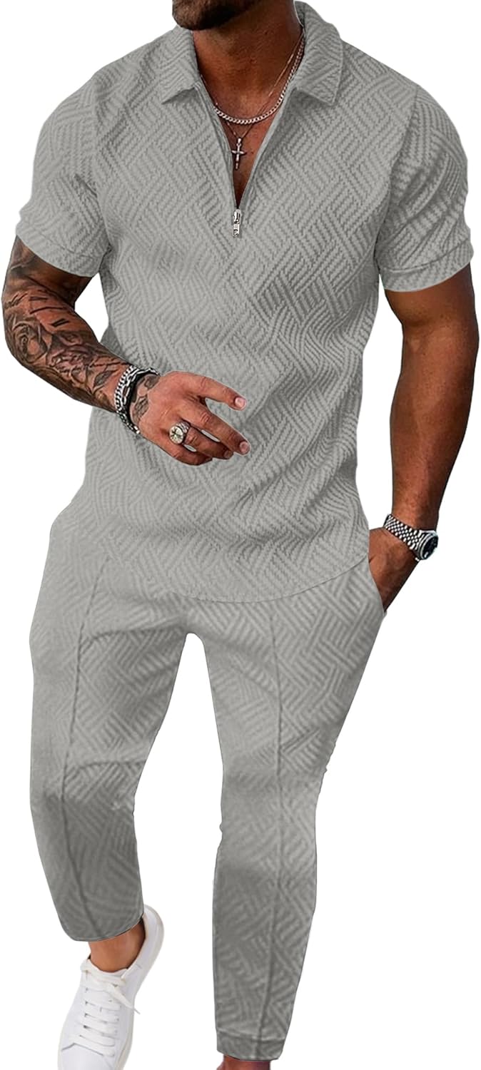 UOUA Mens Sweat Suits Set Tracksuit 2 Piece Outfits Short Sleeve Casual Sweatshirt & Loose Jogging Pants