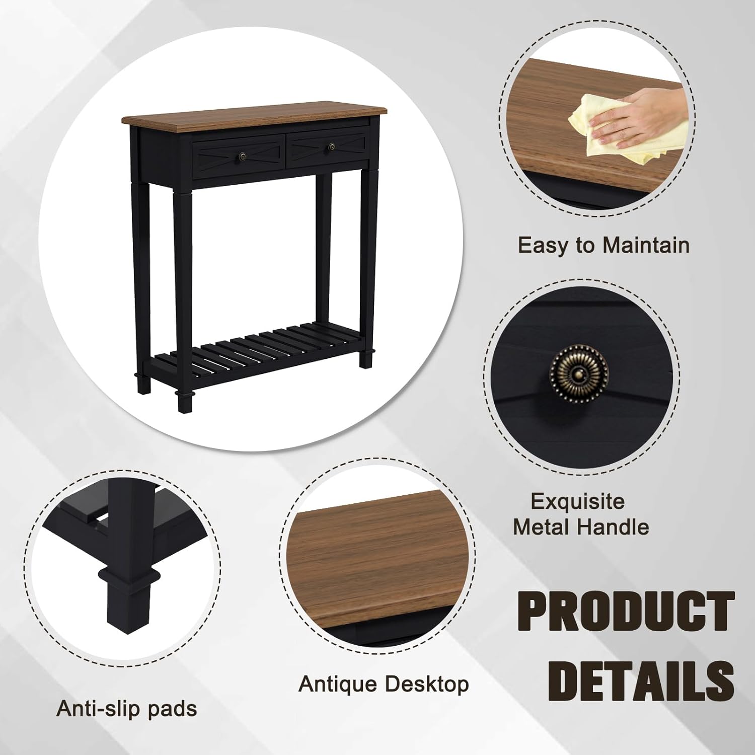 kinbor Narrow Console Table with Shelf ＆ Drawers Small Entryway Table Hallway Table for Entryway Living Room Bedroom Foyer Office Black