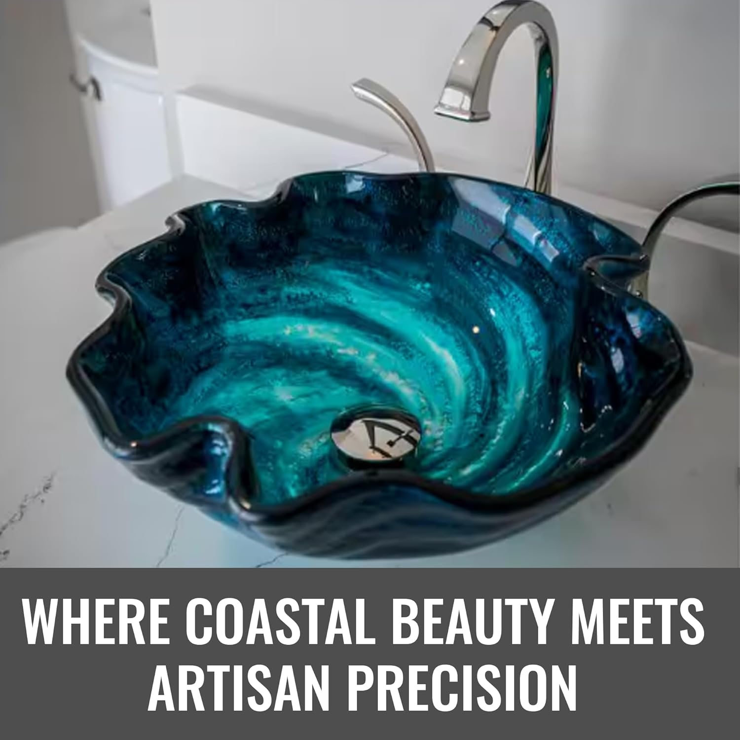 Eden Bath Caribbean Wave Round Glass Sink Bowl Bathroom Vessel Sink for Vanity Top