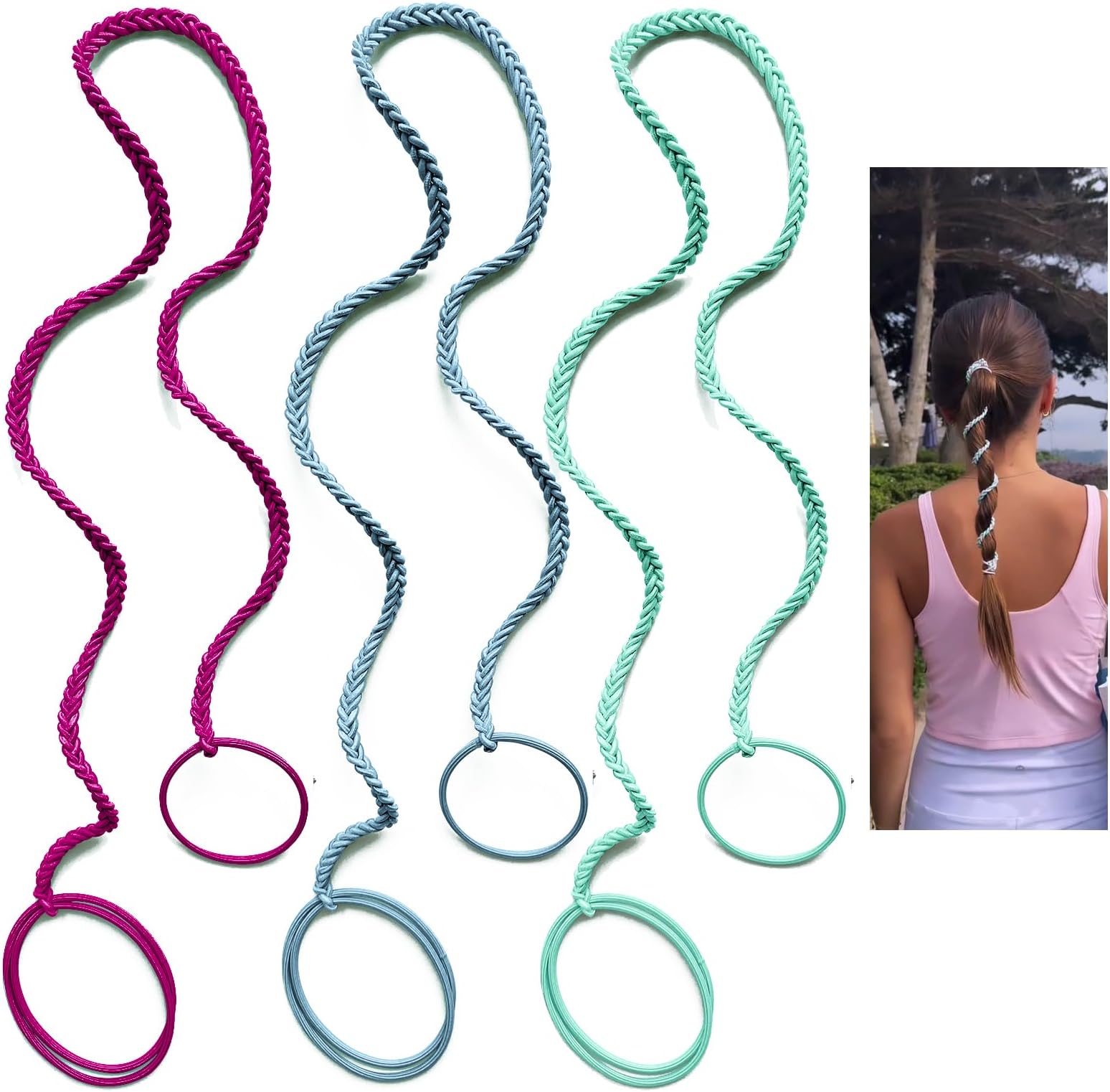 3 Packs 25" Sport Hair Ties for Women No Hooks, Girls' Elastic Spiral Ponytail Holders for Shorter Long Thick Curly Hair Braided Pony Tail Wraps Tie for Swimming Beach Motorcycle Riding