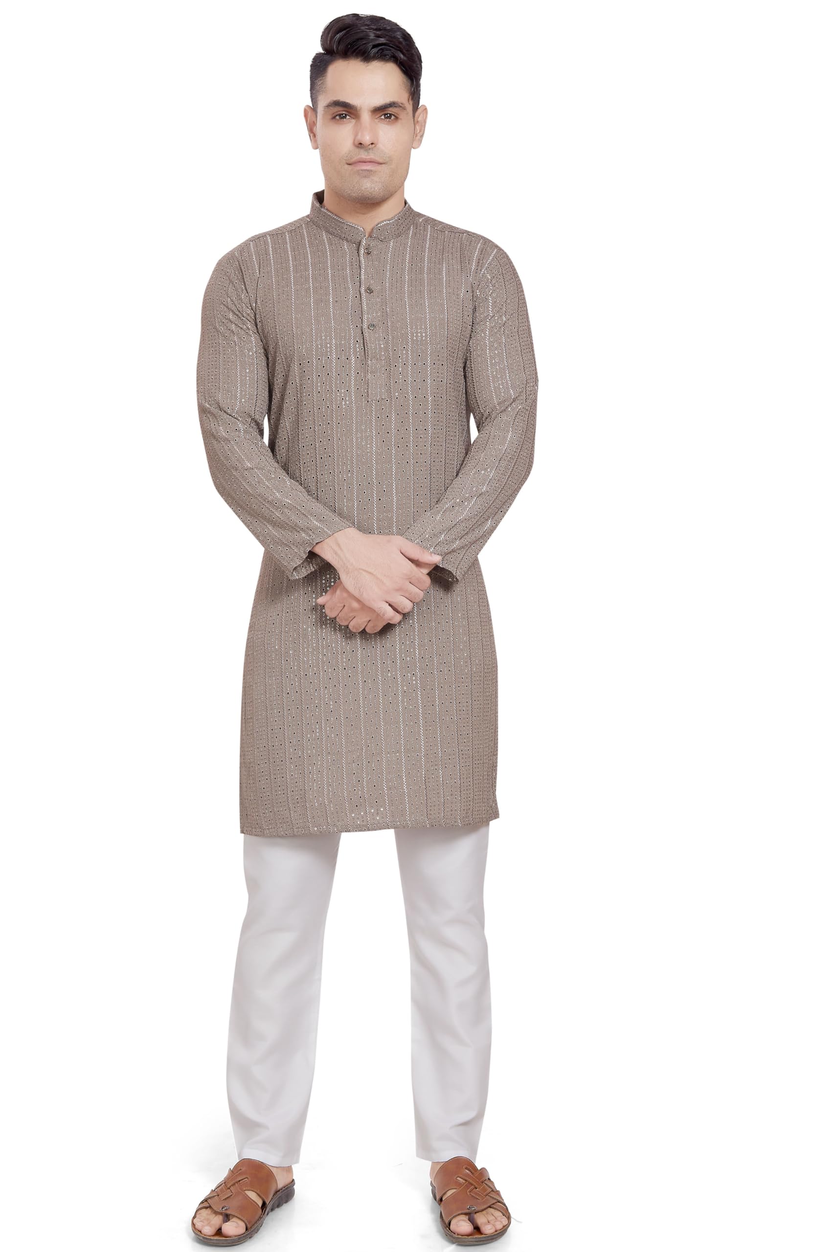 Divisive Men's Embroidered Cotton Blend Only Slim Fit Kurta (Dkrt378_S_Stone Grey)