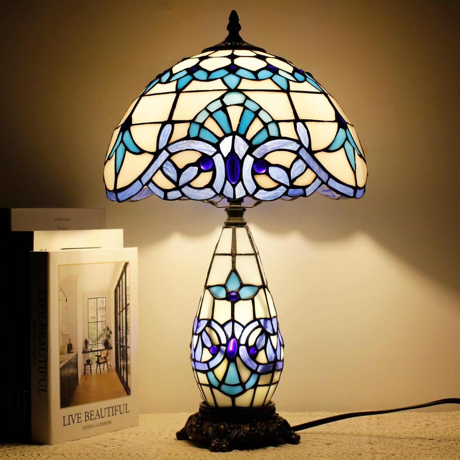 Tiffany Lamp Shade Replacement Only 12X6 Inch Stained Glass Style Lampshade with Cap fit for Table lamp Pendant Light Ceiling Fixture (Blue Baroque)