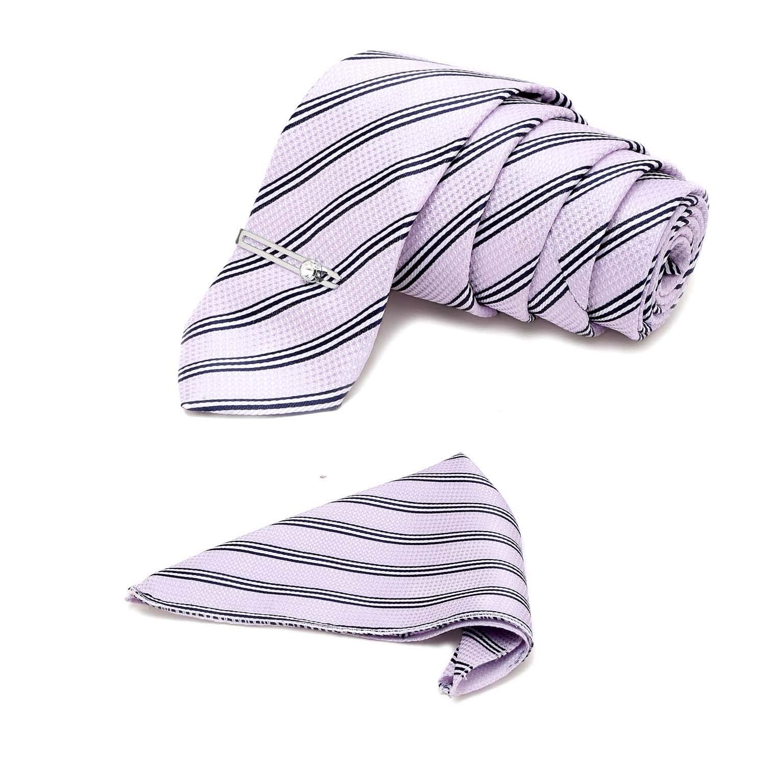 Mens Lavender Italian Silk Necktie Set Incl Pocket Square Chrome Tiepin American Style Formal Tie Gift Set for Men (TECPVO03)-image-7