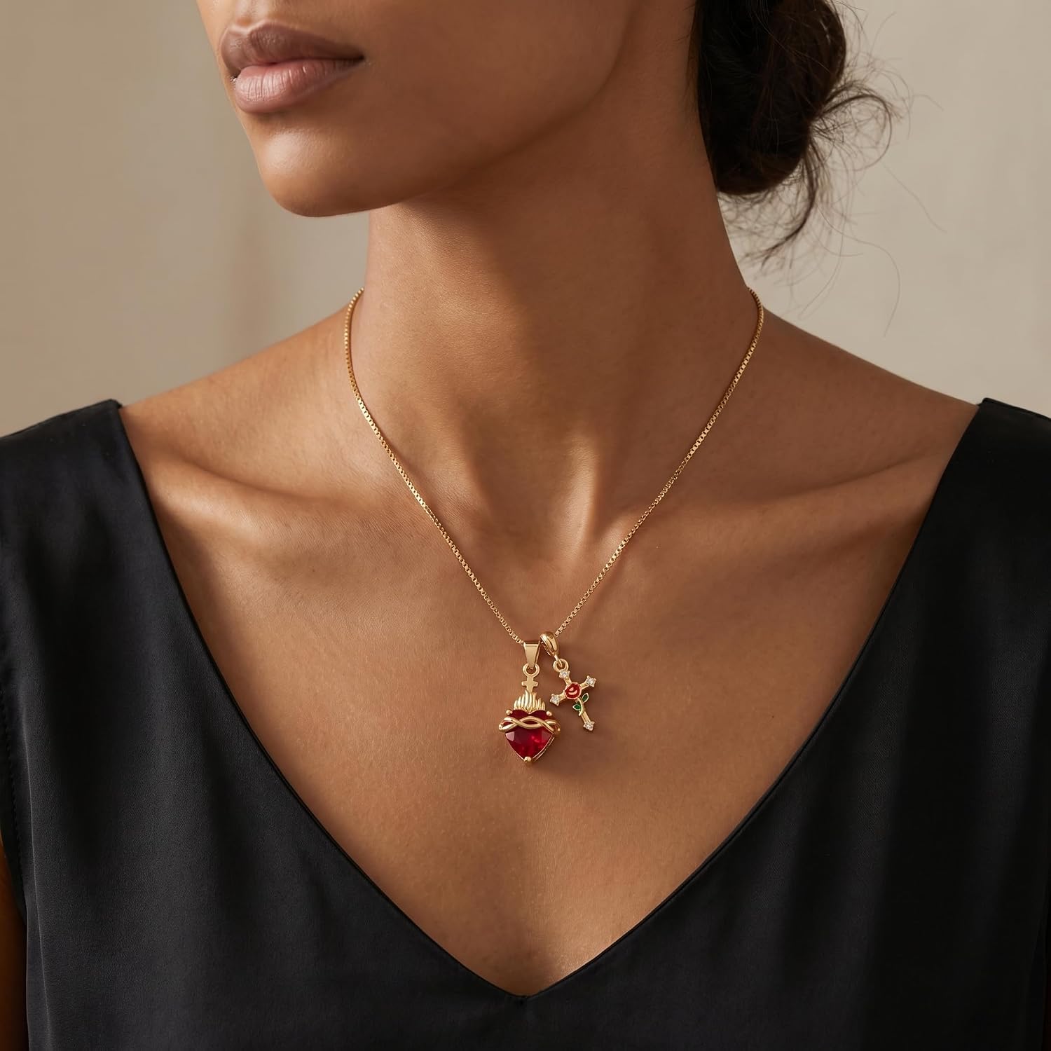 Red Sacred Heart Cross Necklace for Women, 14K Gold Plated Pendant Jewelry