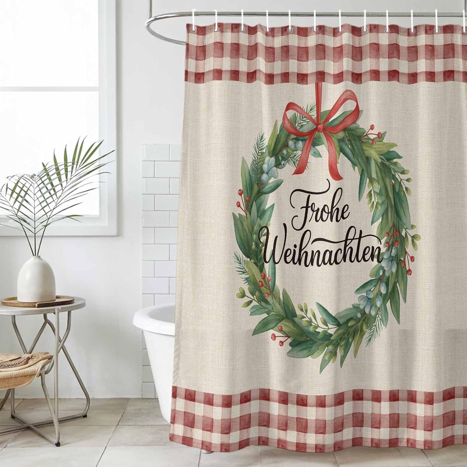 Merry Christmas Waterproof Shower Curtains Set - Long Shower Curtain 72 x 78 Inch, Xmas Wreaths Burlap Red Plaid Rustic Fabric Bathroom Curtain with 12 Hooks, Bathroom Accessories