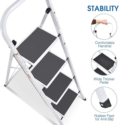 Miniatura 3 de TOOLF Escalera de 3 escalones con asa, taburete plegable de acero con pedal ancho antideslizante, escalera resistente para el hogar, oficina, puerta