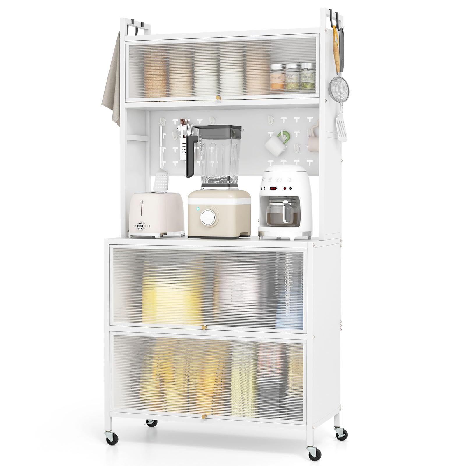 KOMFOTTEU Buffet Haut, 5/6 Niveaux, Meuble Rangement de Cuisine avec 4 Crochets & 10 Chevilles, Étagère de Cuisine en Fer, avec Armoire à Porte, 4 roulettes universelles (80 x 40 x 160 cm, Blanc)