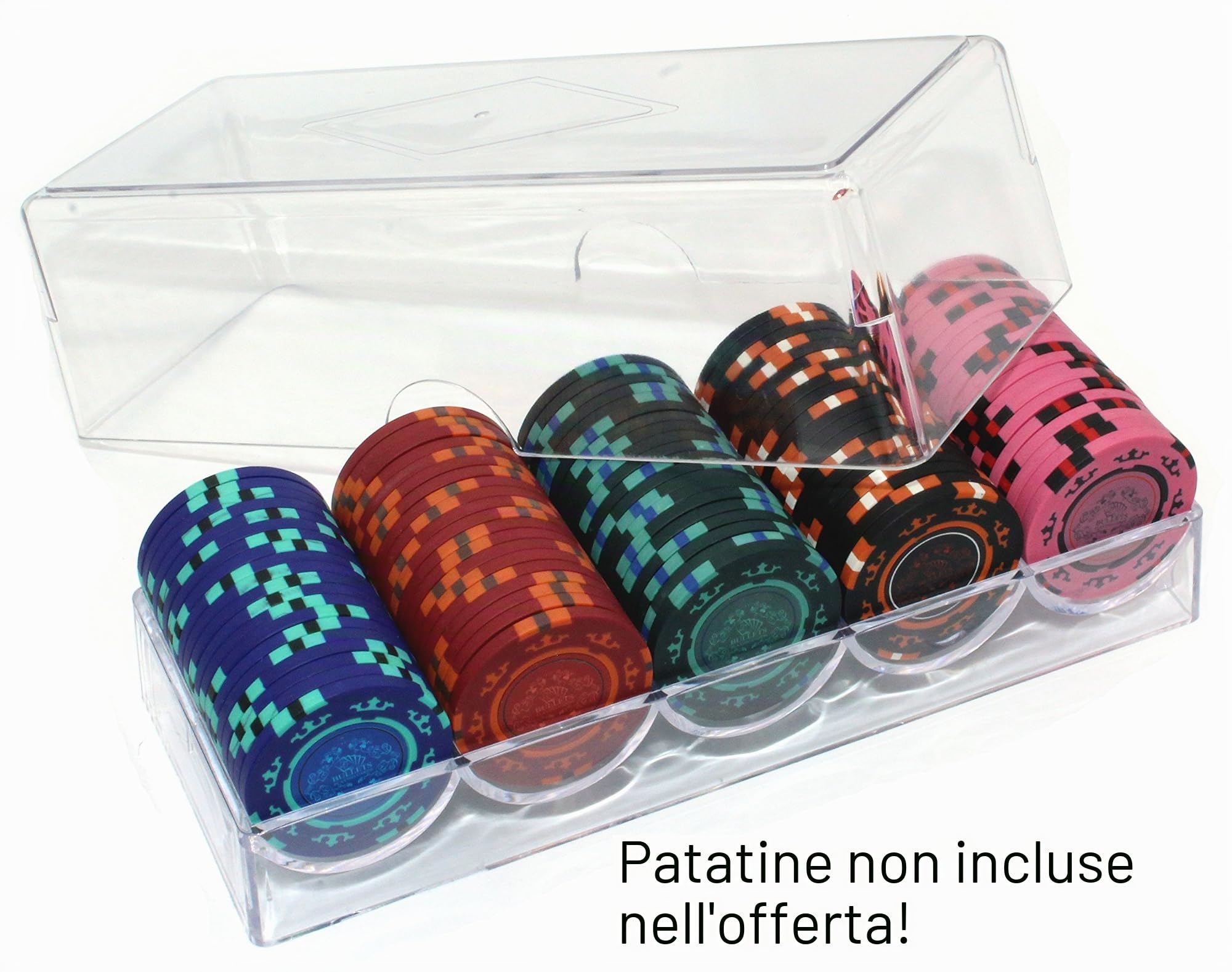 Bullets Playing Cards, Poker Chip Tray Set per 500 chip da poker, 5 vassoi con coperchi per 100 chips ciascuno, Telaio chip / vassoio trasparente acrilico