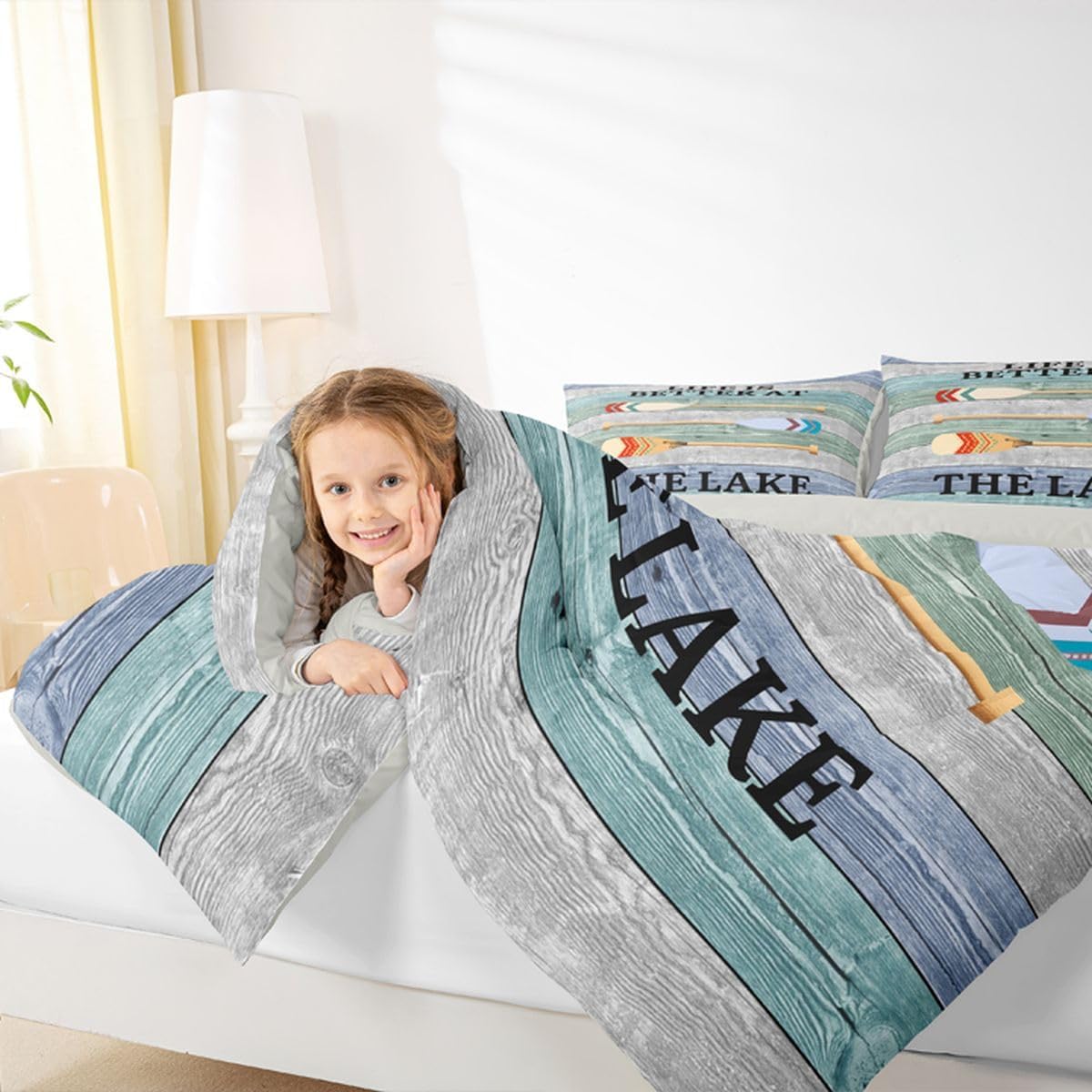 Lake Life Comforter Set Queen Size Boating Lake Paddle Bedding Sets Rustic Lake House Decor Duvet Insert Lake House Gifts For Kids, Country Farmhouse Wooden Door Fences Quilted Duvet, 2 Pillow Cases
