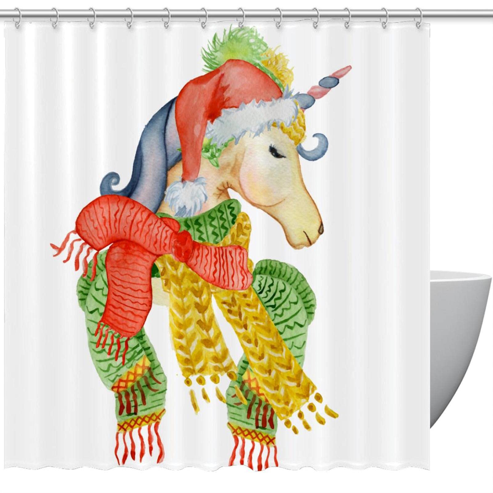 Rideau de douche licorne avec chapeau de Noël et écharpe d'hiver avec ses crochets