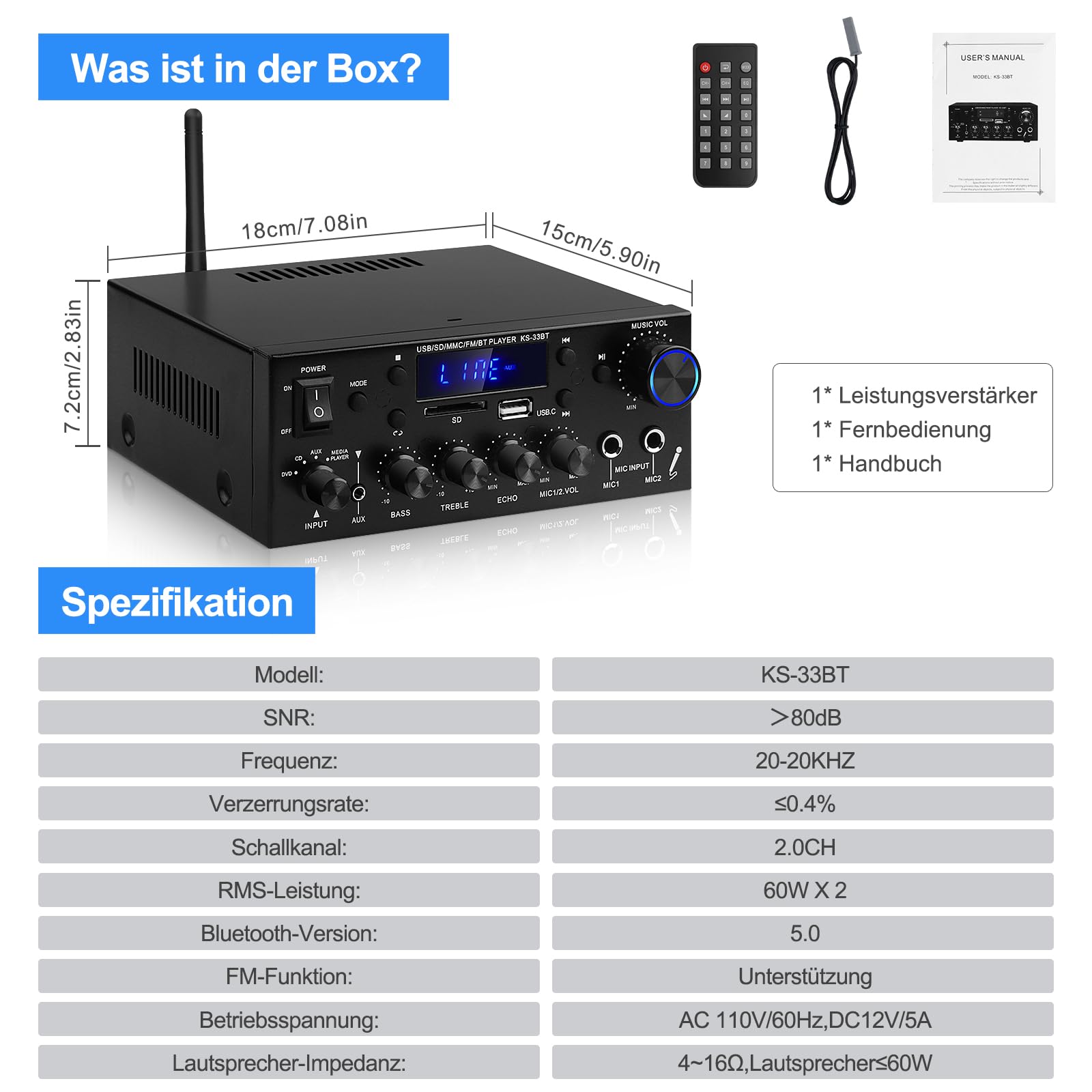 Amplificador de audio para el hogar, KS-33BT 2 canales Bluetooth 5.0, amplificador HiFi, RMS 60 W x 2 Max 400 W X 2 Amplificadores estéreo receptor W/Echo, USB/SD/AUX/BT.C/FM Micrófono para cine en