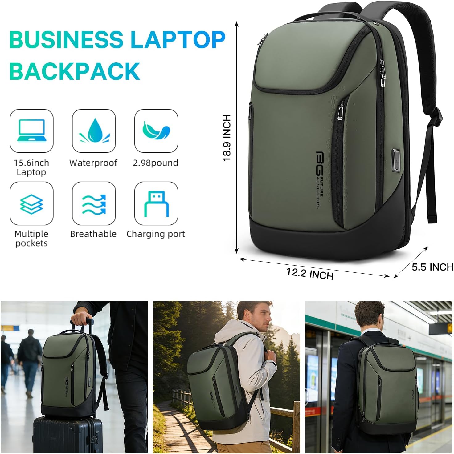 FUTURE AESTHETIC Business Smart Backpack Waterproof fit 15.6 Inch Laptop Backpack with USB Charging Port,Travel Durable Backpack