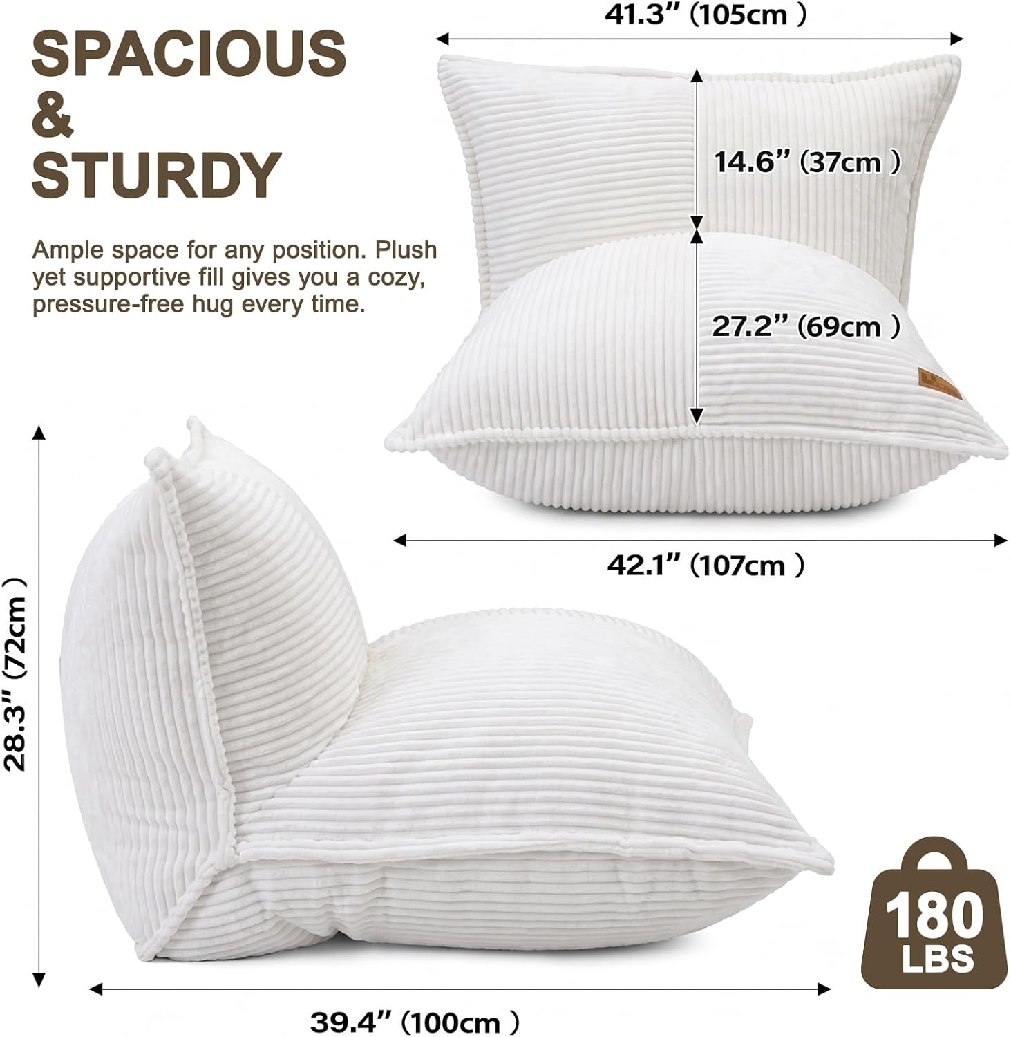 L-Shaped Oversized Bean Bag Chair, Fluffy Memory Foam Beanbag with Corduroy Fabric for Adults Teens Kids, Lightweight Lounge Floor Sofa Chair for Living Room Bedroom - White