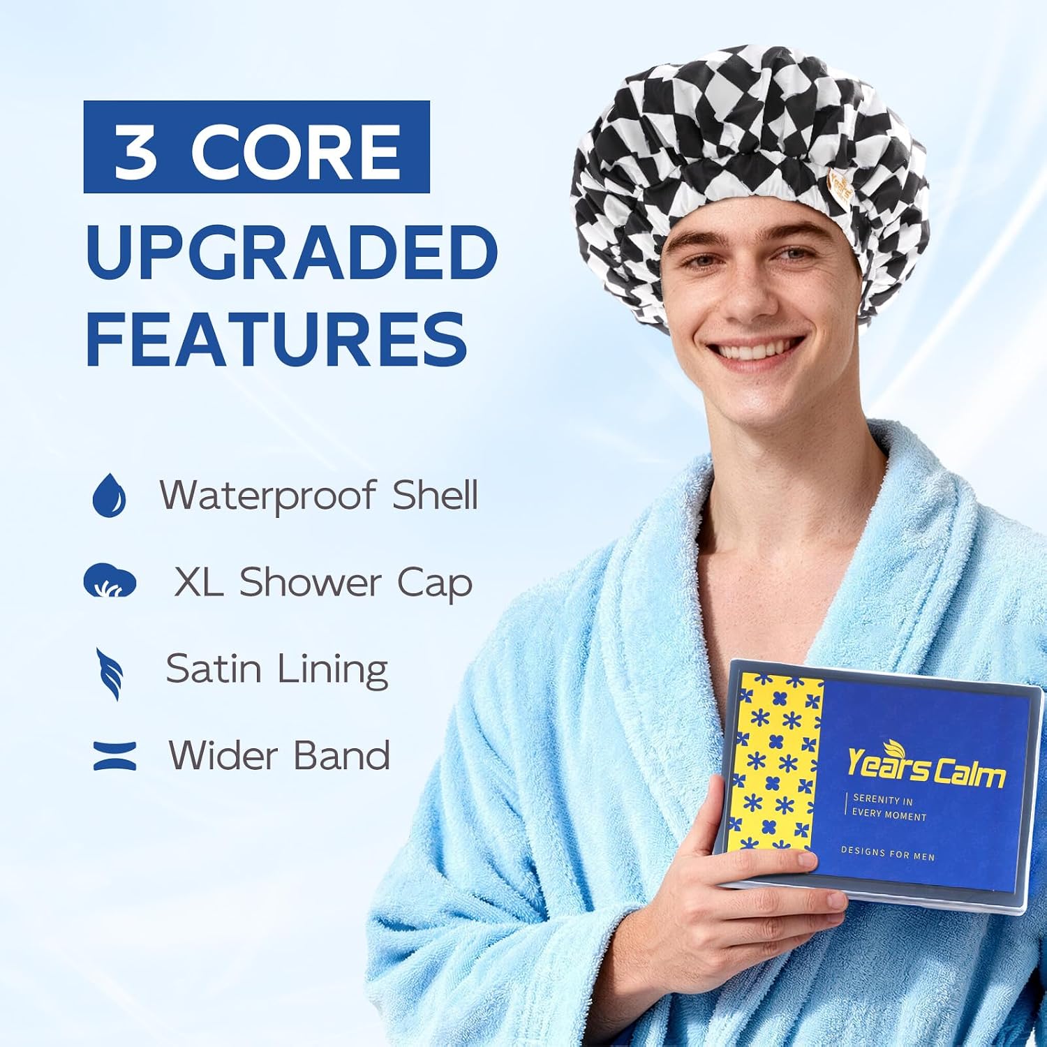 Years calm Satin Lined Shower Cap for Men Waterproof Reusable Checkerboard image 3