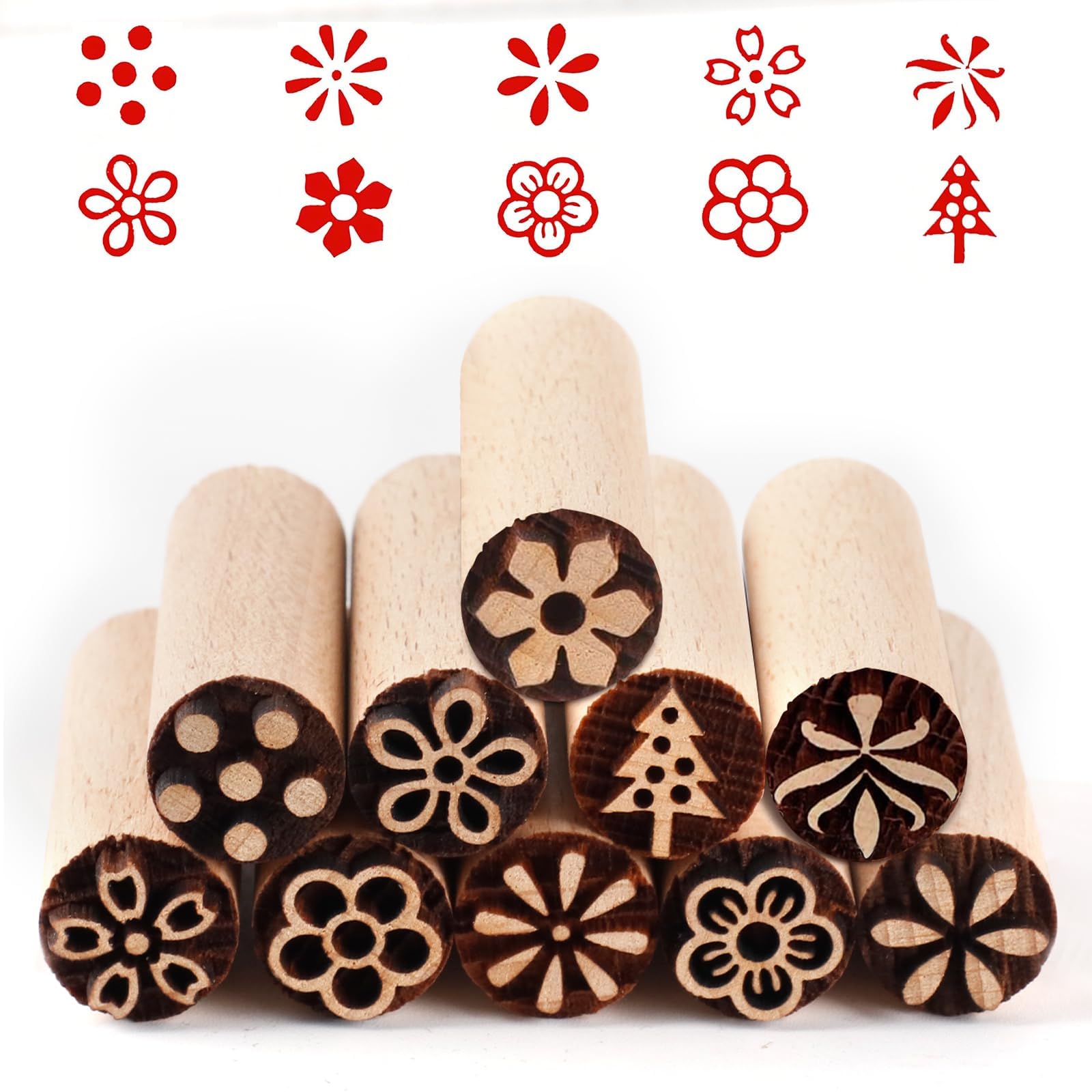 10 Piezas Sellos para Ceramica de Madera Herramientas de Cerámica Sellos Floral Columna Sellos de Madera Natural Sello de Tela Sellos para Arcilla Tarjetas Scrapbooking (10 Estilos)