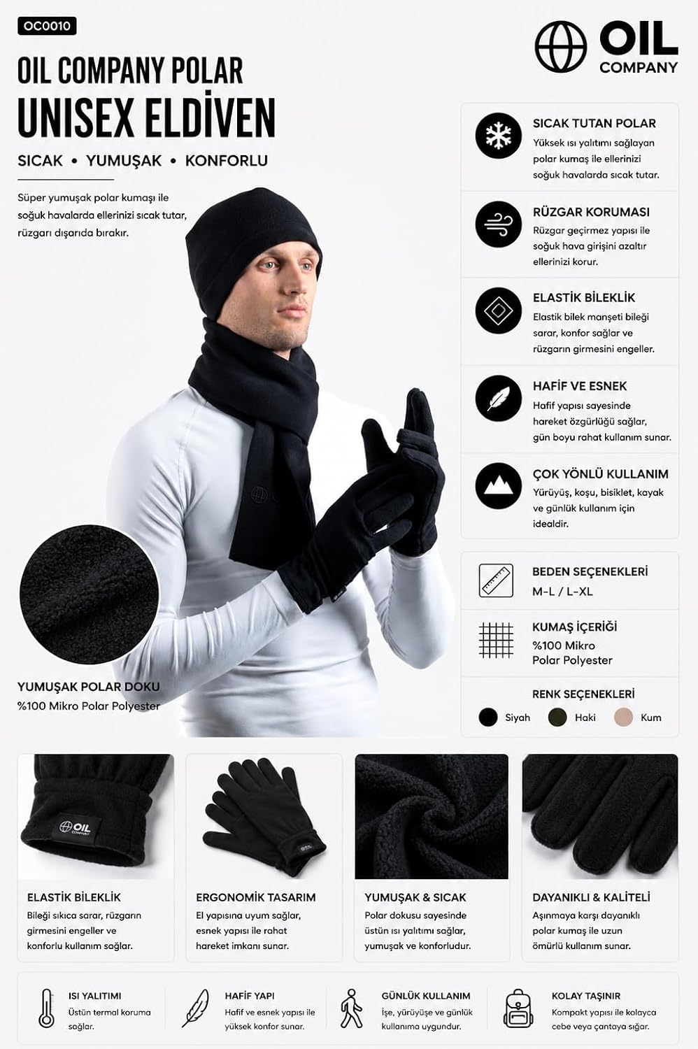 Siyah Polar Eldiven Unisex Trend OC0010