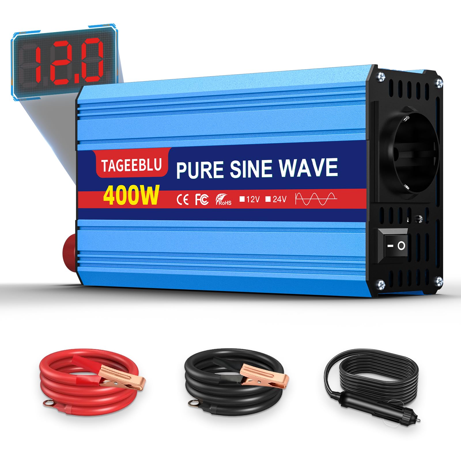 400W wechselrichter 12v auf 230v Reiner Sinus, spannungswandler 12v 230v, Wechselrichter für Fahrzeuge mit Alligatorclip, AC Steckdose und LCD Bildschirm