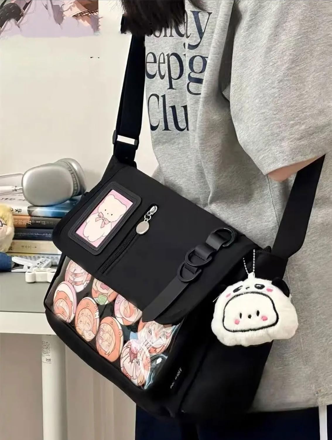 Kawaii Ita Bag for Women with Pin and Plush Penguin, Aesthetic Crossbody Bag With Anime Pins Display, Y2K Style Purse