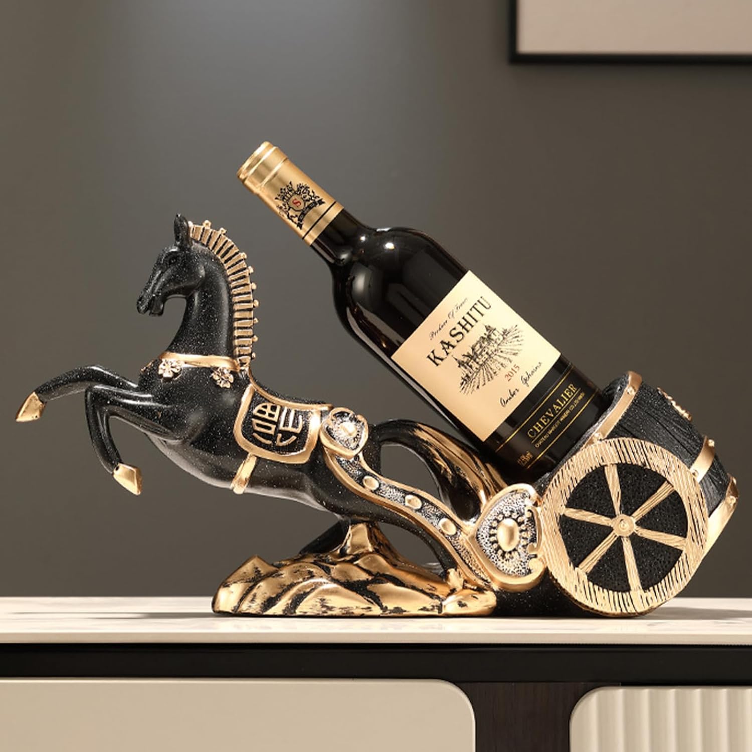 Horse Sculpture Resin Wine Bottle Holder - Tabletop Kitchen Decor, Decorative Storage Organizer for Home Bar Cellar, Unique Gift for Men Women Housewarming, Holds 1 Standard Bottle (E)