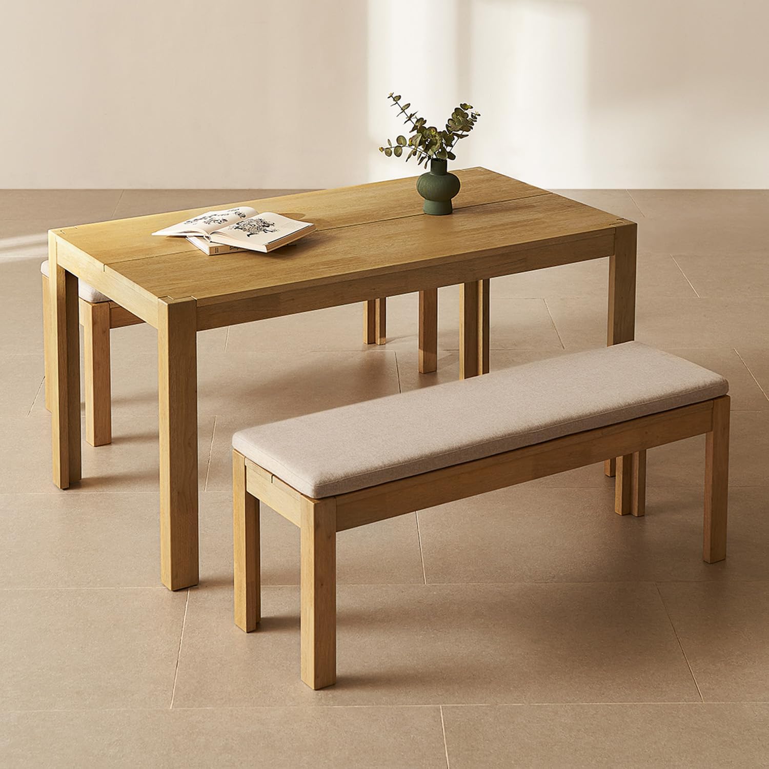 mopio Logan 3 Piece 4 Seater Upholstered Dining Table Set, Modern Farmhouse Solid Wood 3 Piece 59" Dining Table Set with 2 Bench for Dining Room Kitchen