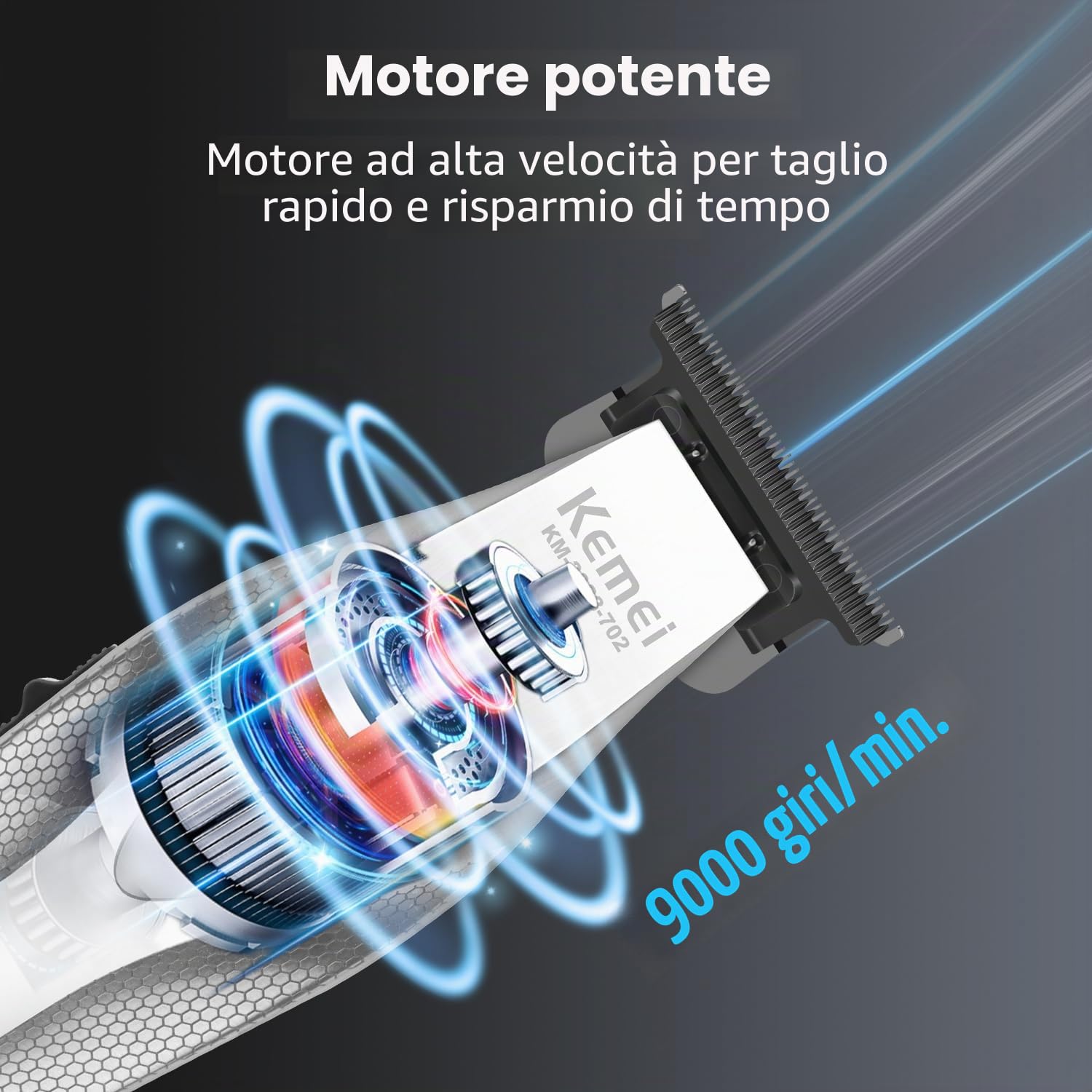 KEMEI KM-3023-702 - Tagliacapelli Professionale da Uomo Senza Fili Per gli Uomini, 9000 giri/min, Lame DLC, Regolabarba Regola Barba, Elettrico Trimmer Capelli Con 4 Pettini Guida