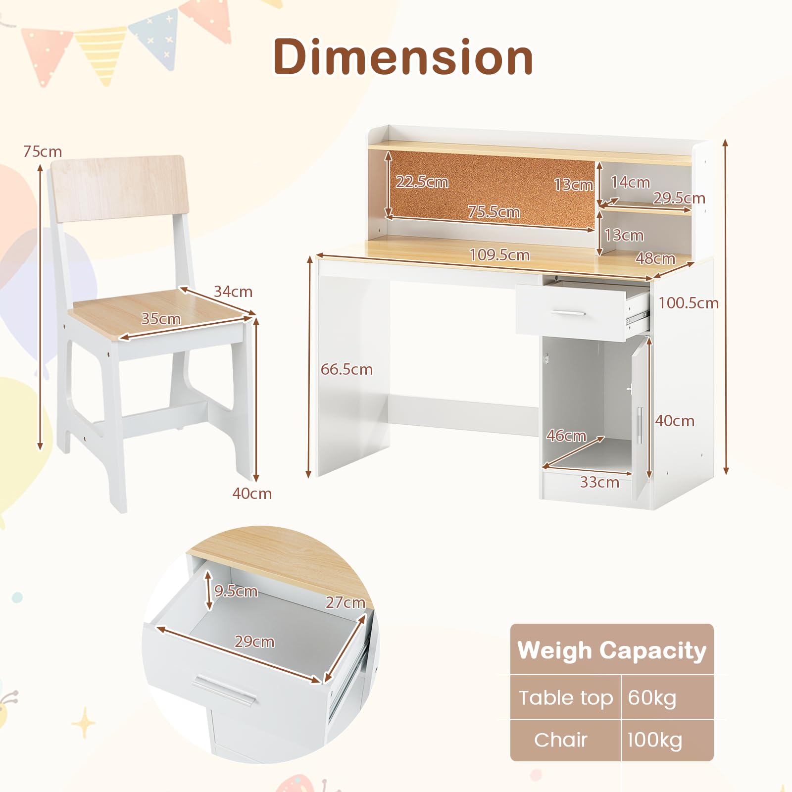 LIFEZEAL Ensemble de Table et Chaise pour Enfants, mobilier Multifonctionnel pour Enfants, Bureau avec étagère, tiroir, Armoire, Tableau en liège, Tabouret Ergonomique avec Dossier incliné (Naturel)