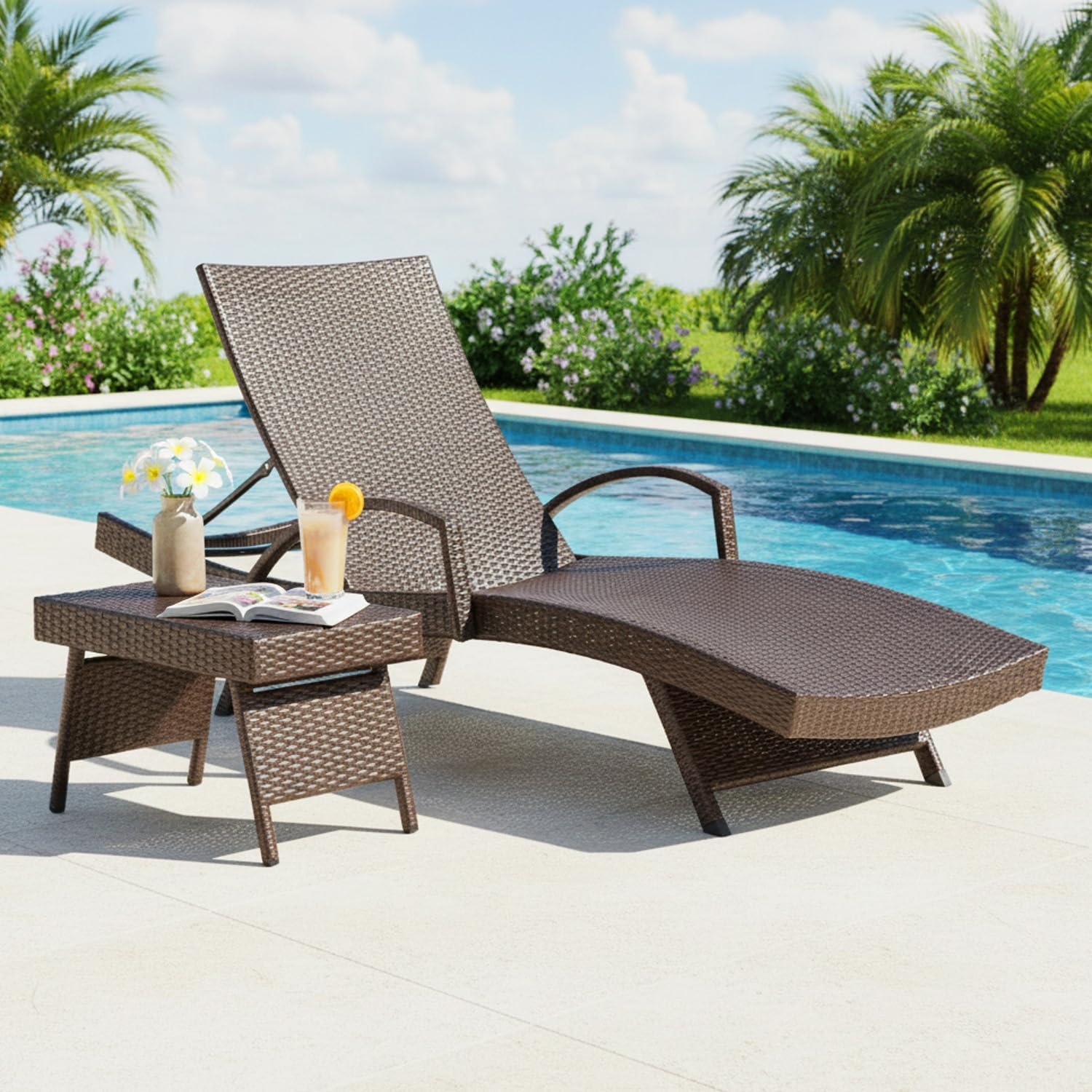 DEVOKO Outdoor Wicker Rattan Sunlounger Recliner with All Weather Furniture Side Table for Garden, Pool, Beach, Terrace, Balcony, Deck (Dark Brown)