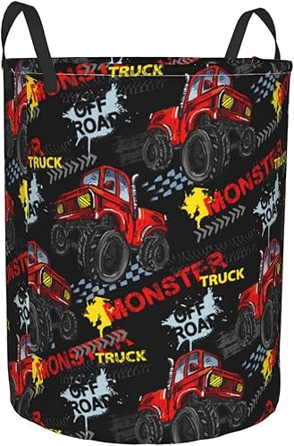 Miniatura 2 de Cesta redonda de almacenamiento de ropa sucia con diseño de camiones monstruos para el hogar, baño, dormitorio, guardería, 38 l