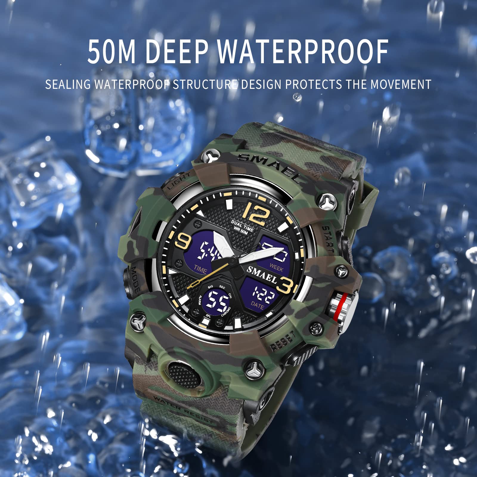 SMAEL 8008 Reloj de cuarzo deportivo resistente al agua, reloj de camuflaje de color dual digital (camuflaje verde), Camuflaje Verde