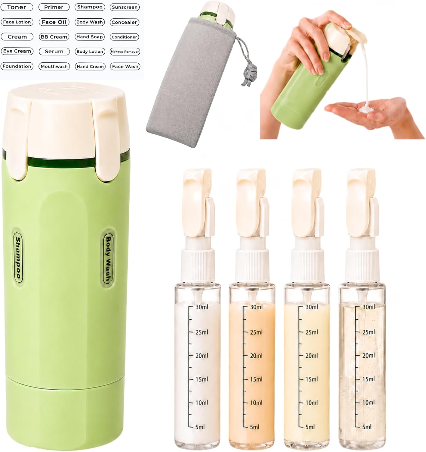 4 in 1 Travel Dispenser, Leak-Proof Travel Bottles with Storage Bag, 4 Refillable 30ml (1oz) Travel Containers for Toiletries, Portable Green Set for Shampoo, Body Wash, Lotion
