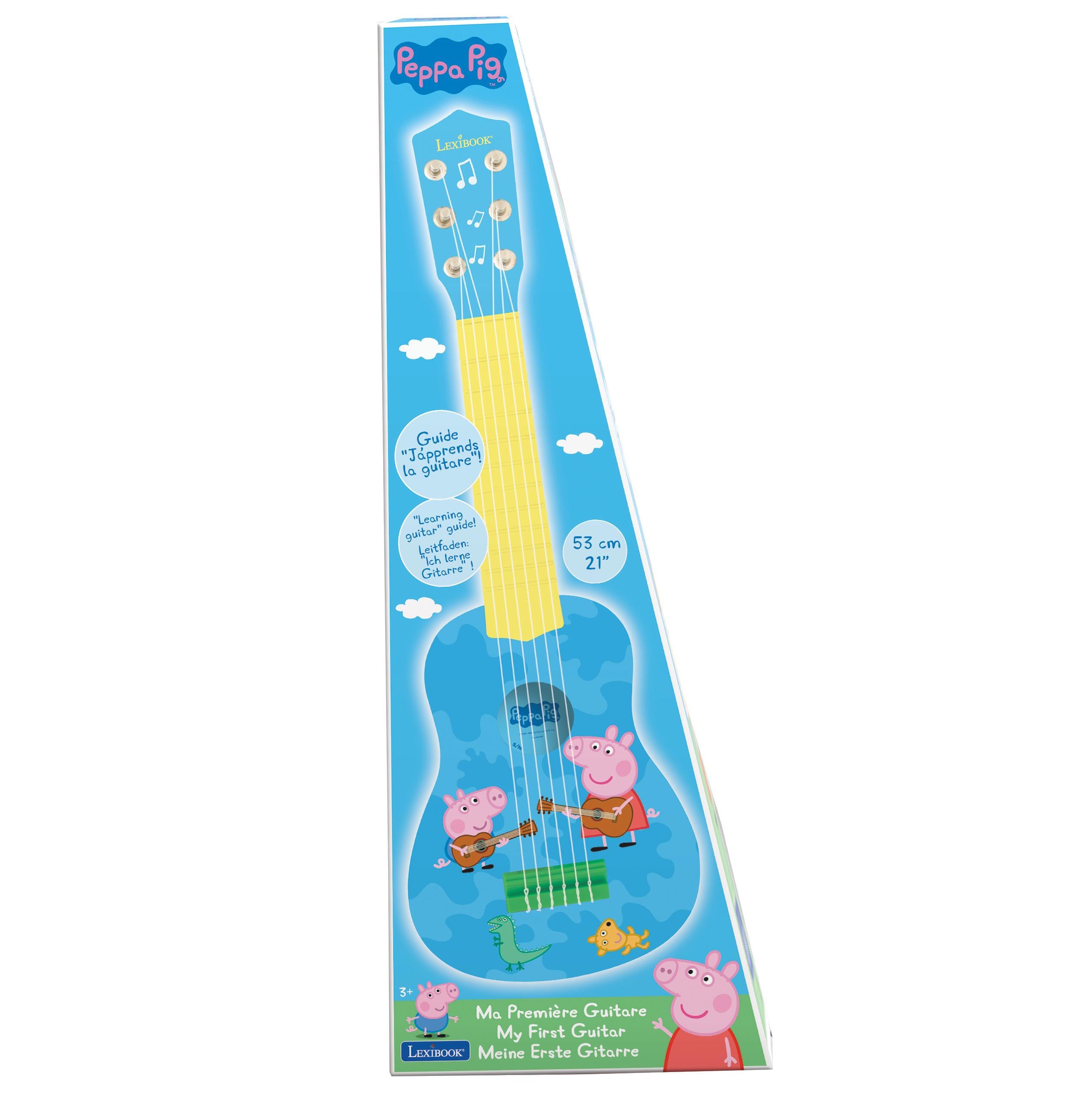Lexibook, Peppa Pig, My First Guitar per bambini, 6 corde in nylon, lunghezza 53,3 cm, guida inclusa, blu/giallo, K200PPLXB