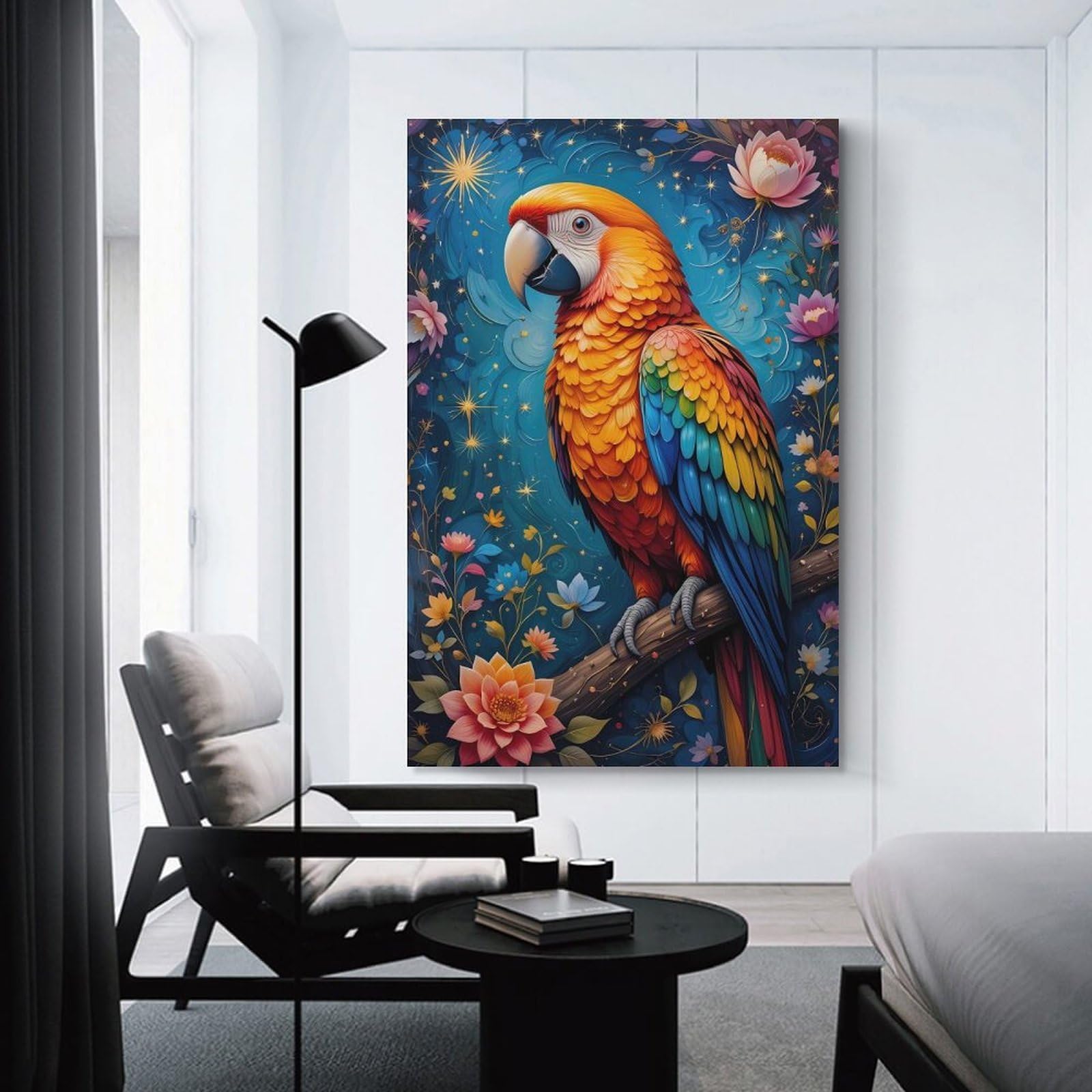 Junmoney Vibrant Macaw in A Magical Garden Hanging Wall Art, 08x12inch(20x30cm), for New Homes, Bedrooms Or Workspaces, Thoughtful Wall Decor for Art Lovers