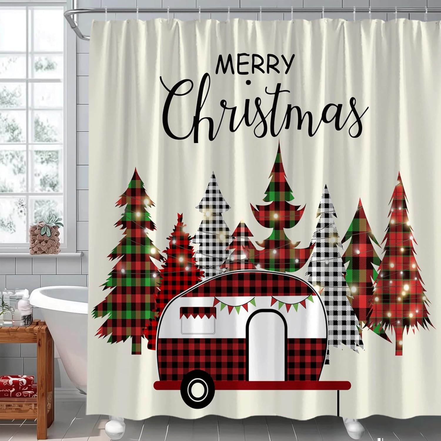 Christmas Camper RV Shower Curtain Black and Red Buffalo Check Plaid Tree Merry Christmas Winter Holiday Fabric Bathroom Decor Set Include Hooks,(70" Wx74.8 H)